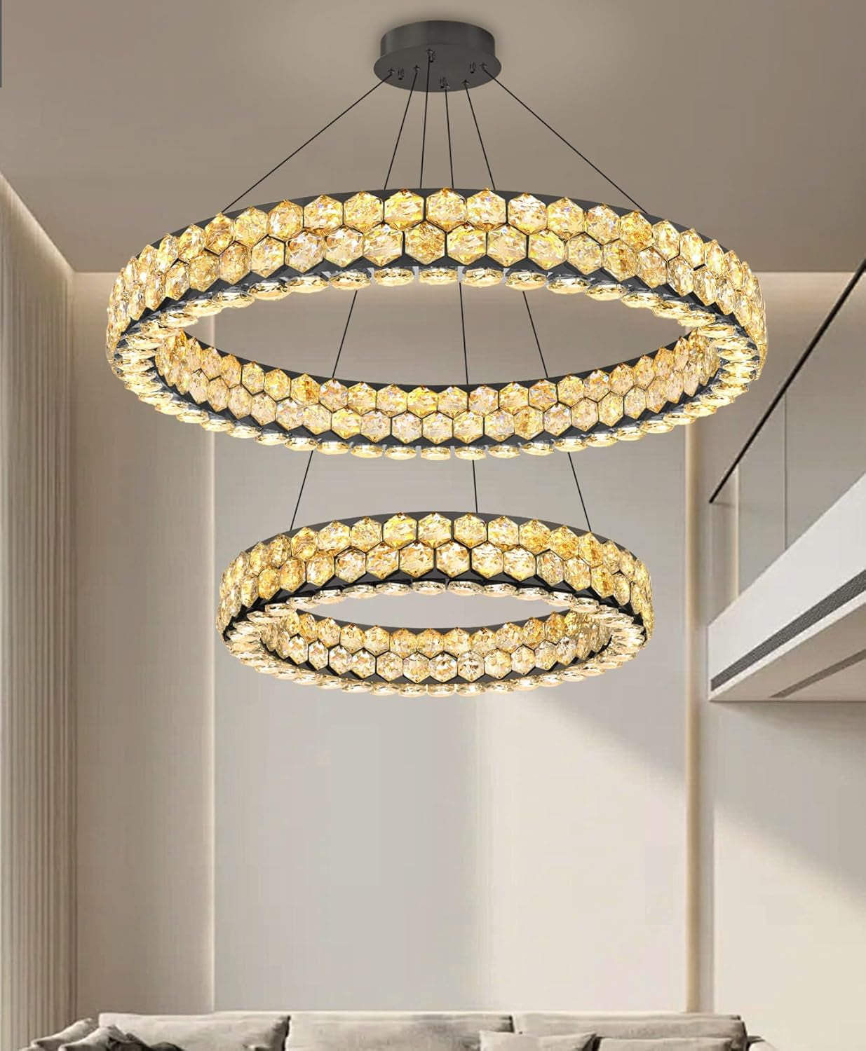 Modern 2-Ring Gold Crystal LED Chandelier