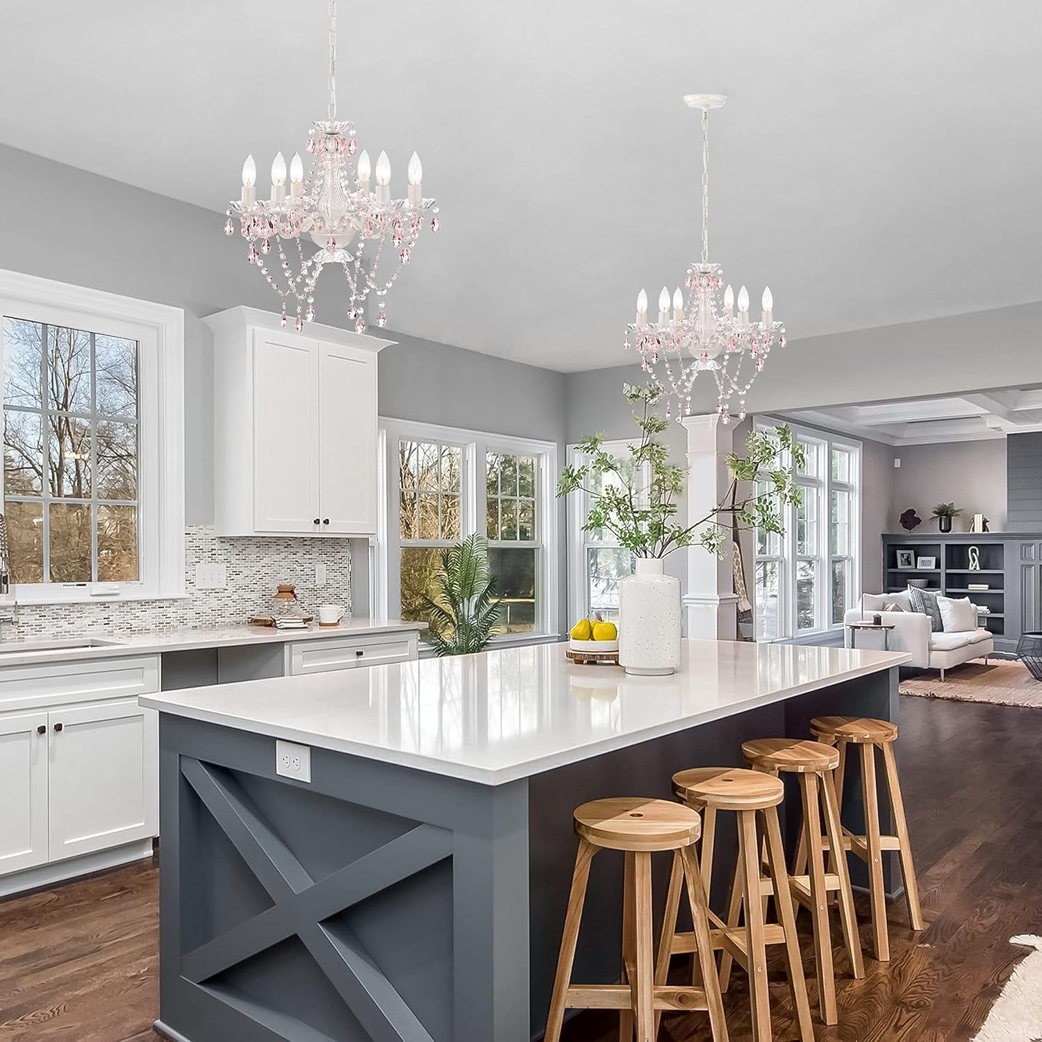 White & Pink Crystal Candle Chandelier – 6-Light