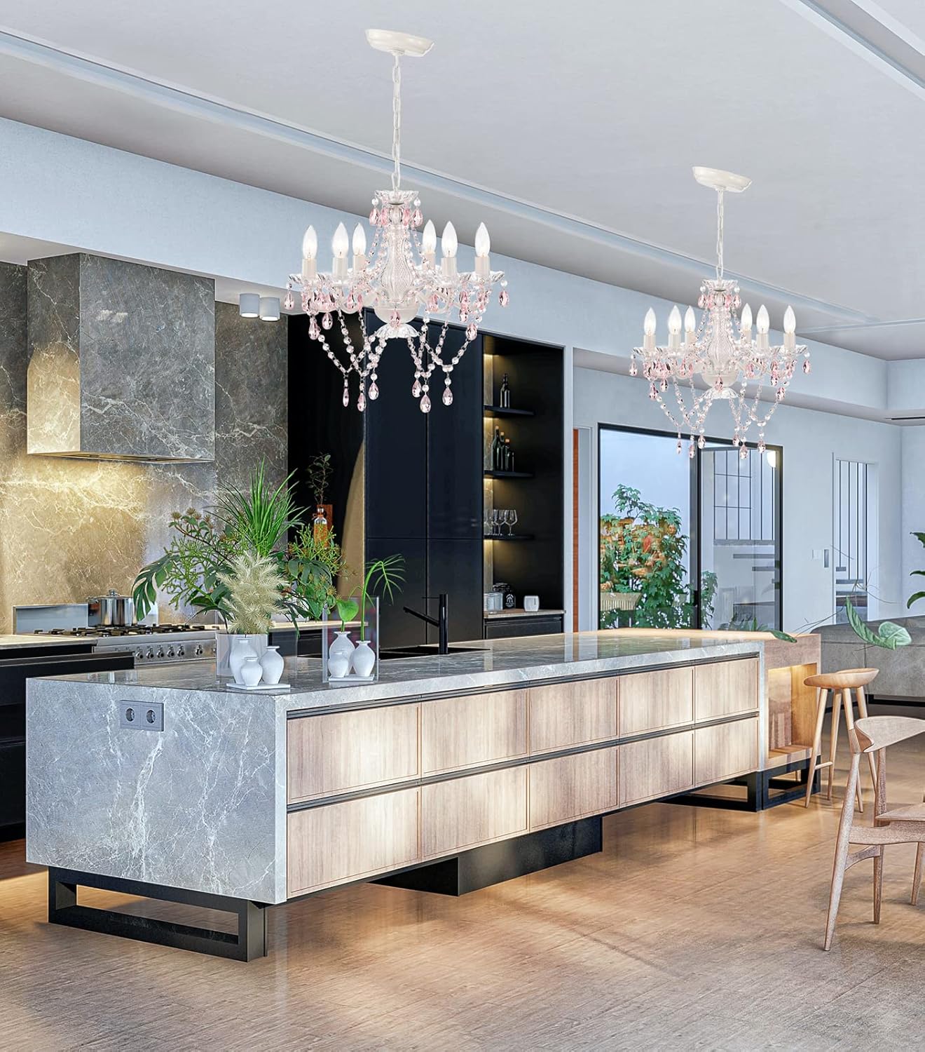 White & Pink Crystal Candle Chandelier – 6-Light