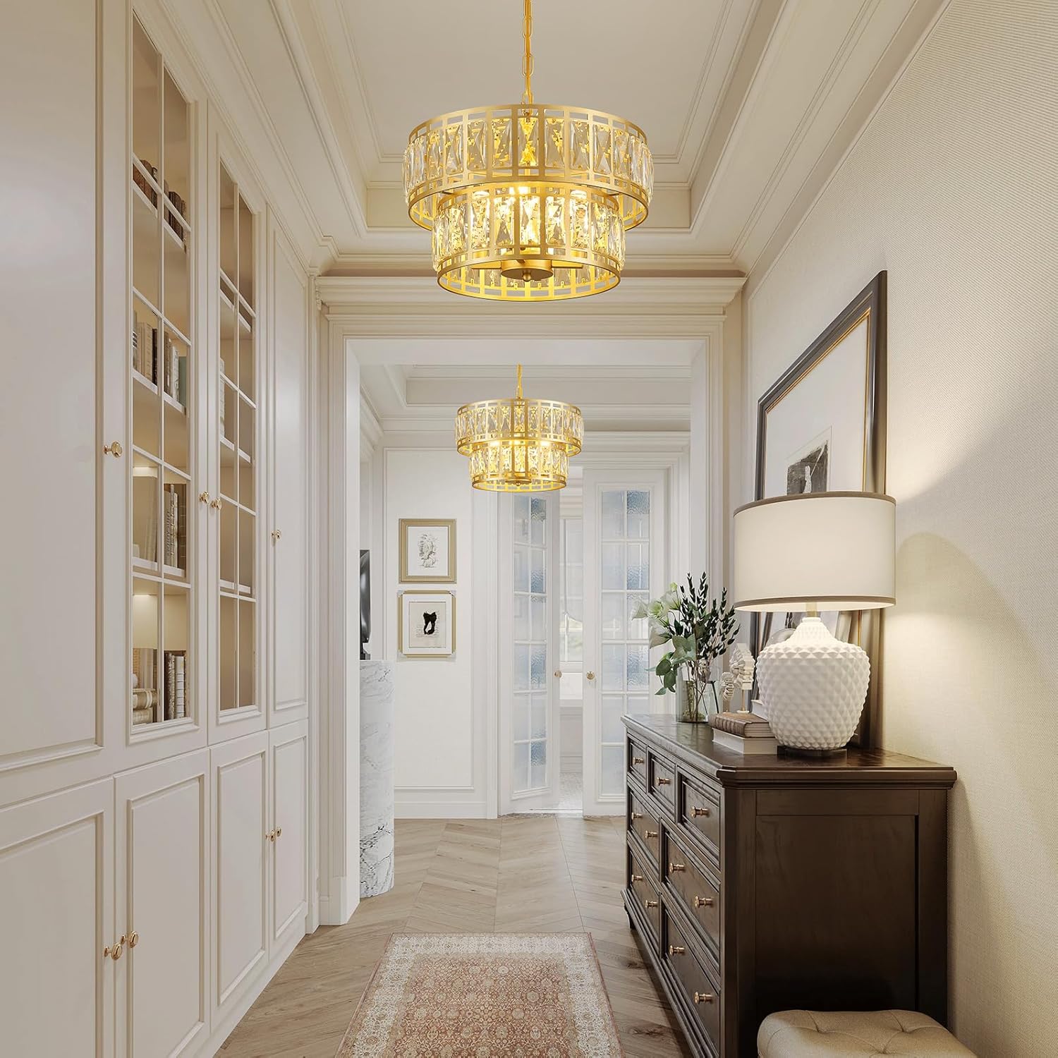 16" Gold Crystal Chandelier – 4-Light Modern 2-Tier Pendant