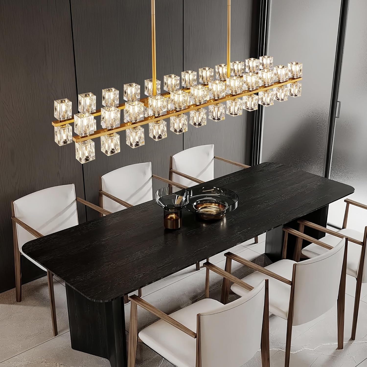 55" Gold Farmhouse Rectangular Chandelier 12L