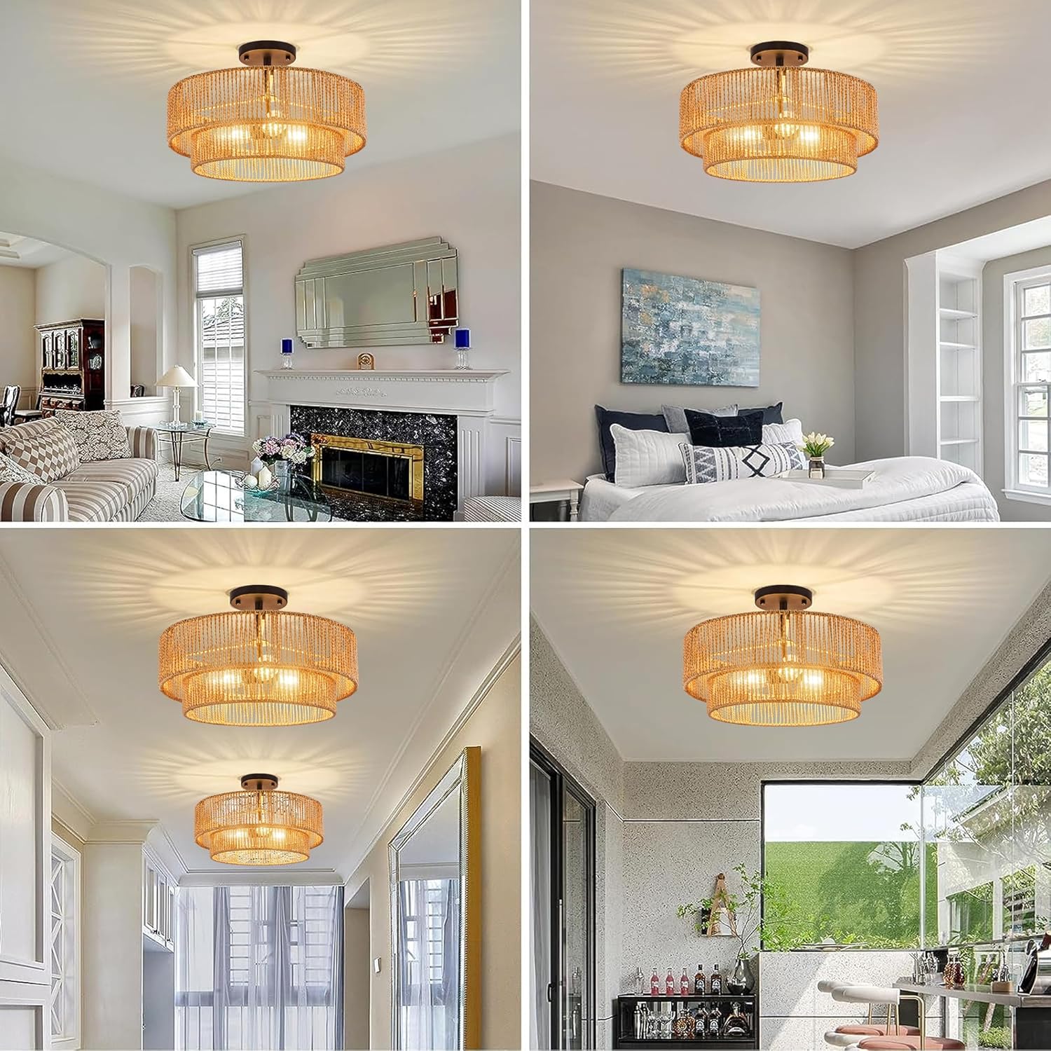 Boho Rattan Flush Mount Ceiling Light – 3 Lights