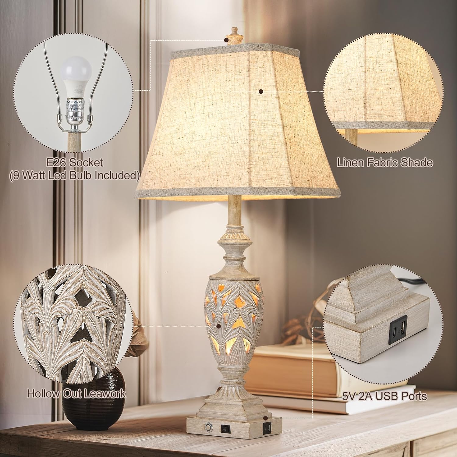 29.5" Touch Table Lamps Set – USB, 3-Way Dim
