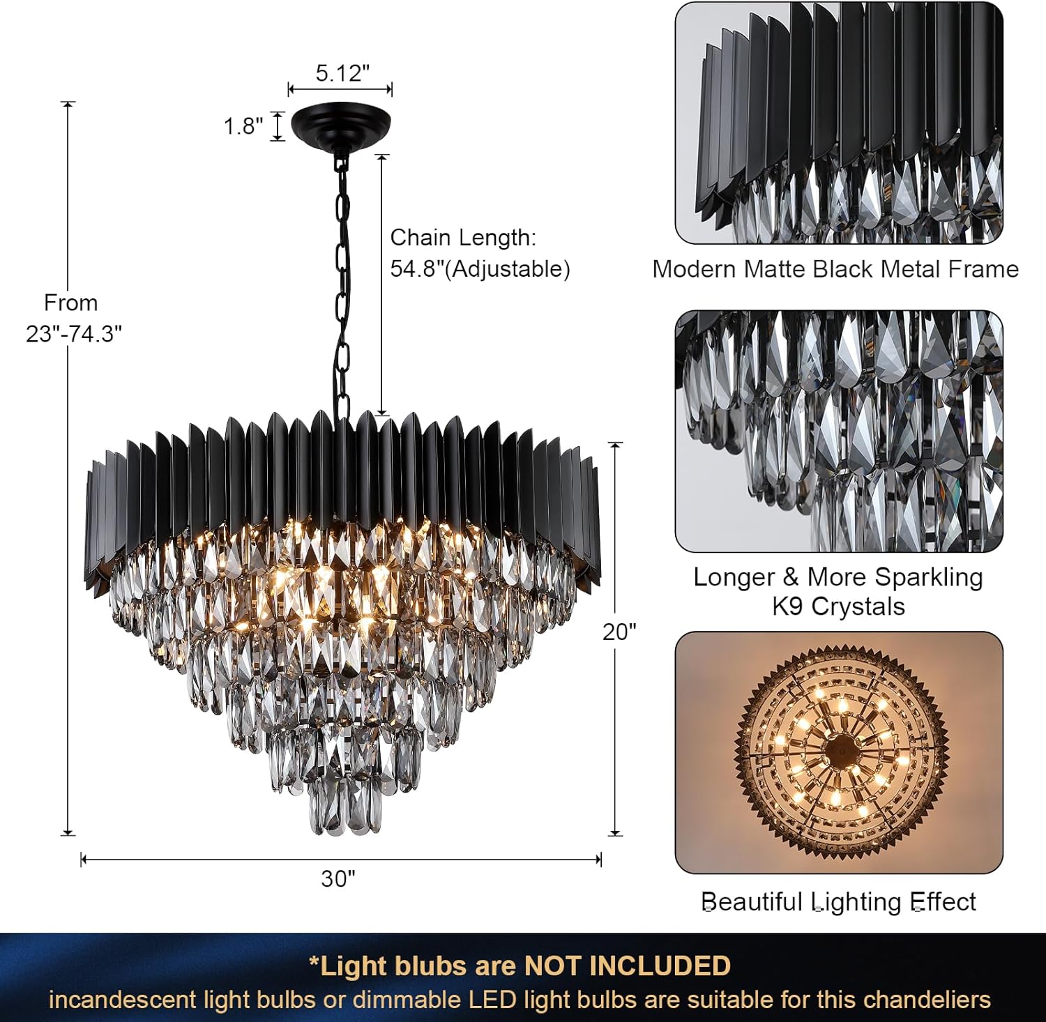 30" Large Black 6-Tier Crystal Chandelier – 16-Light Pendant