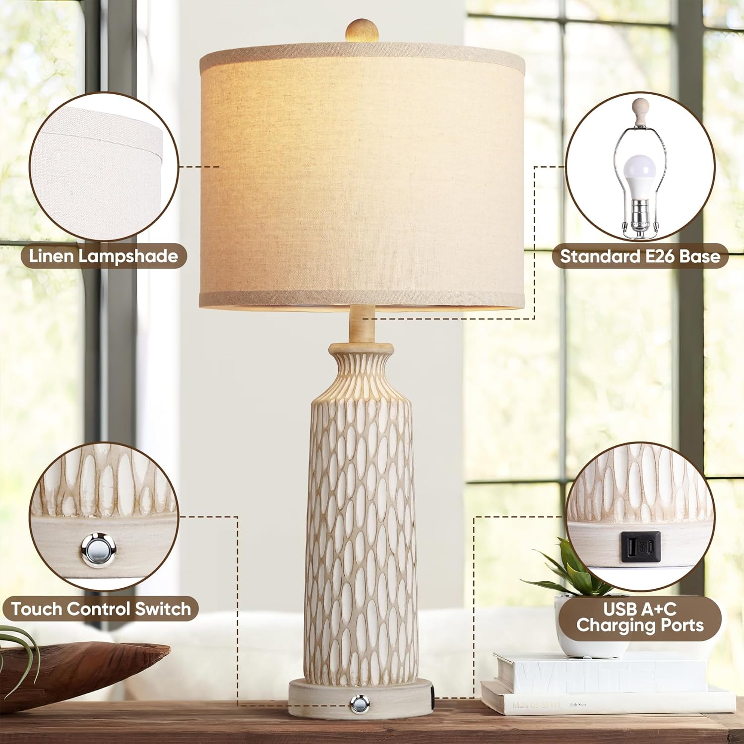 Touch Table Lamps – Set of 2, USB A+C, 3-Way Dim