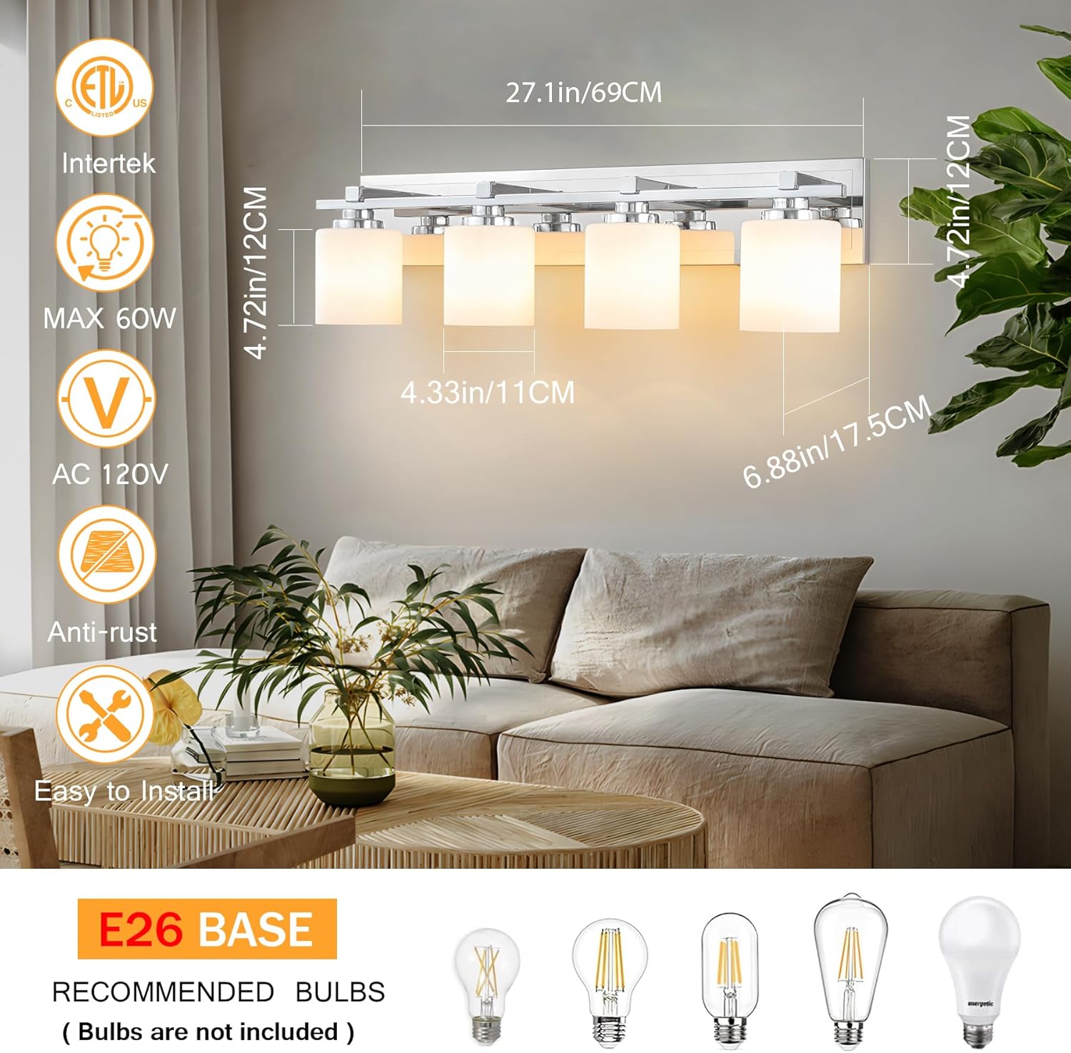 4-Light Chrome Vanity Light with Glass Shades