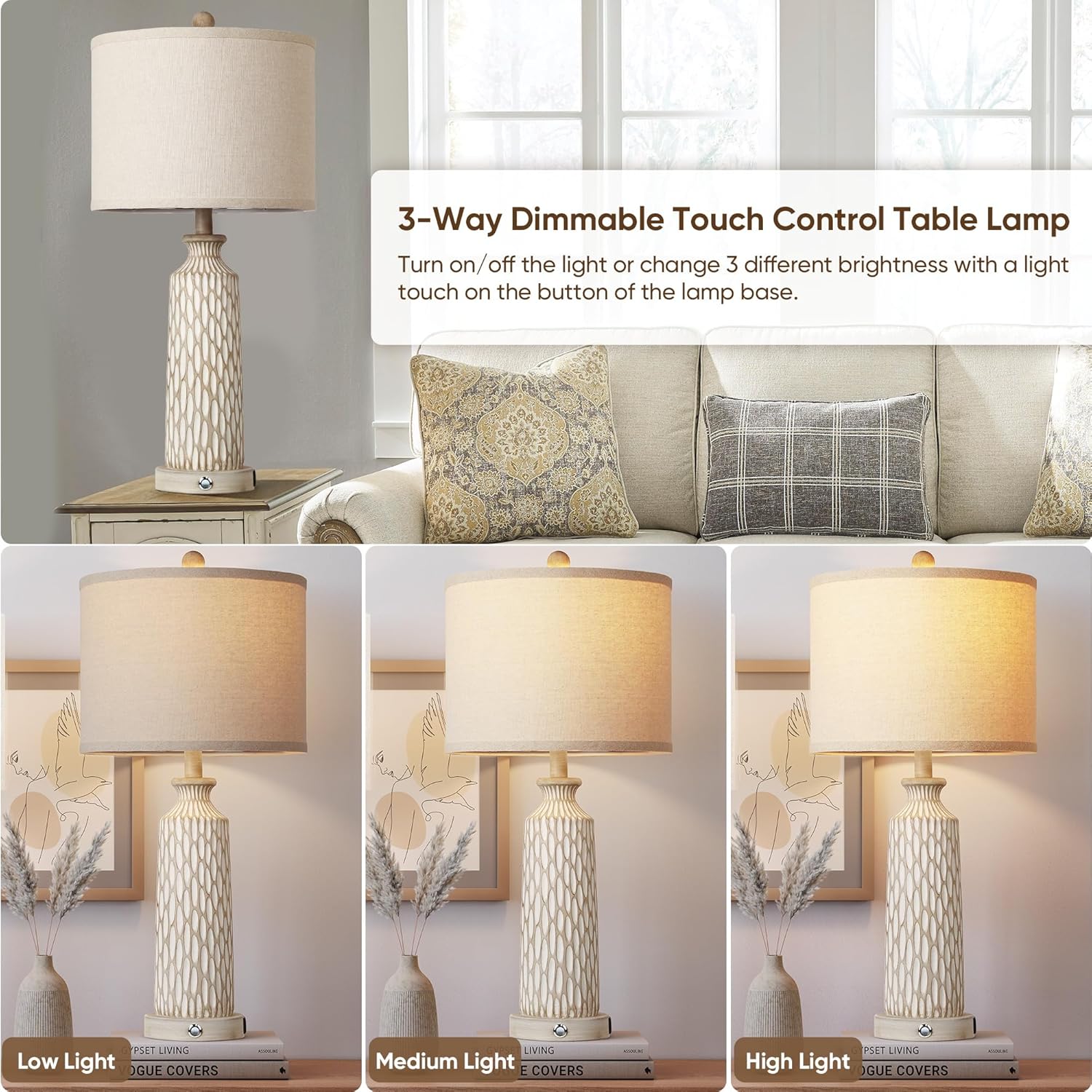 Touch Table Lamps – Set of 2, USB A+C, 3-Way Dim
