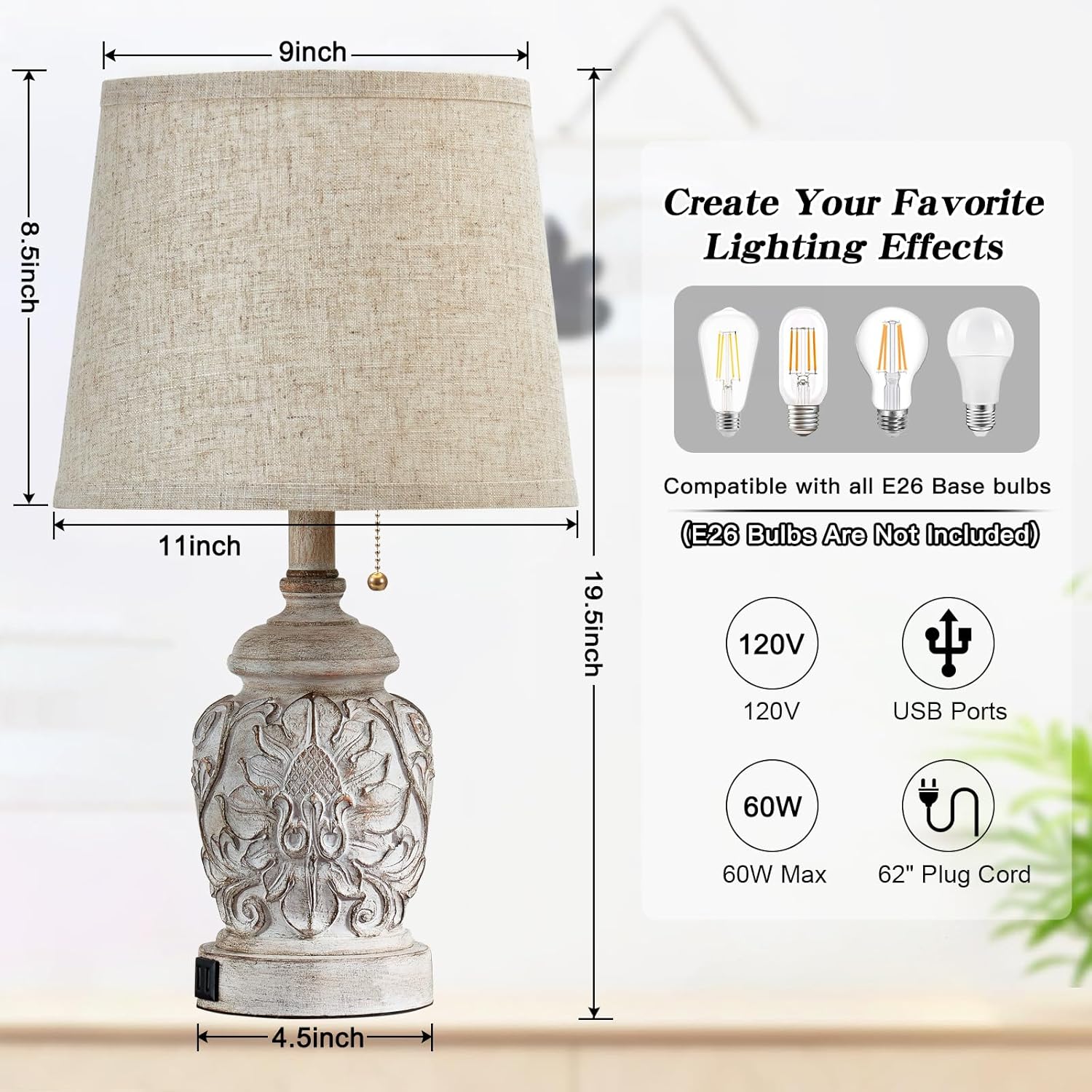 19.5" Rustic USB Table Lamps Set of 2