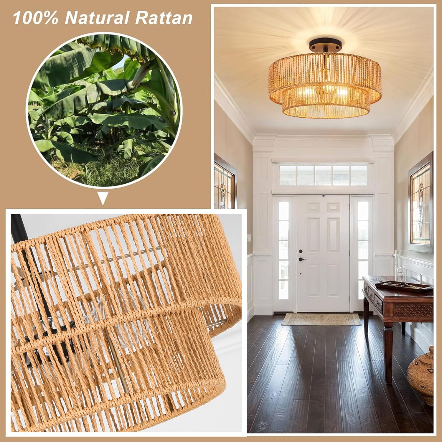 Boho Rattan Flush Mount Ceiling Light – 3 Lights