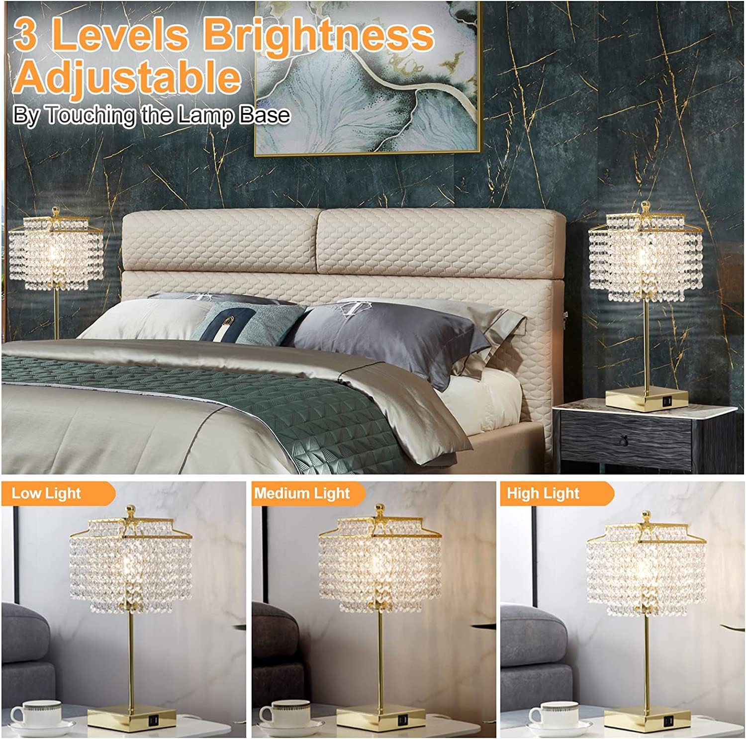 Crystal Touch Lamp – Gold, USB, 3-Way Dimmer