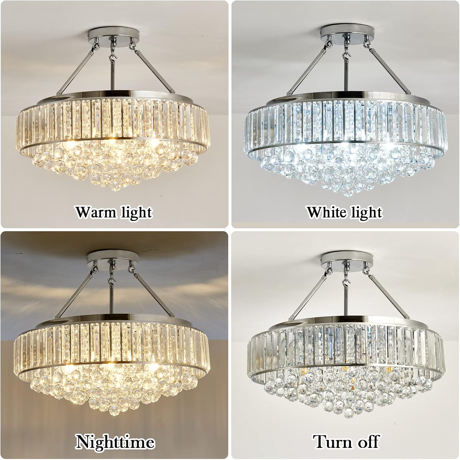 6-Light Chrome Crystal Semi-Flush Mount Chandelier