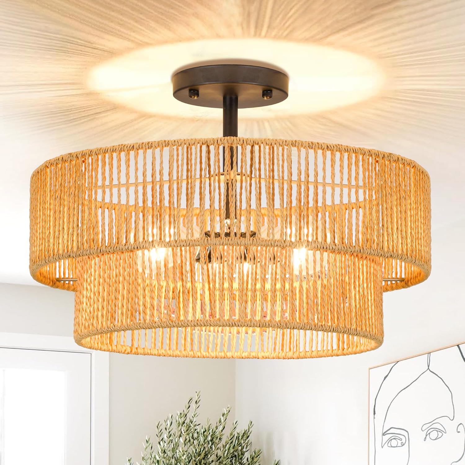 Boho Rattan Flush Mount Ceiling Light – 3 Lights