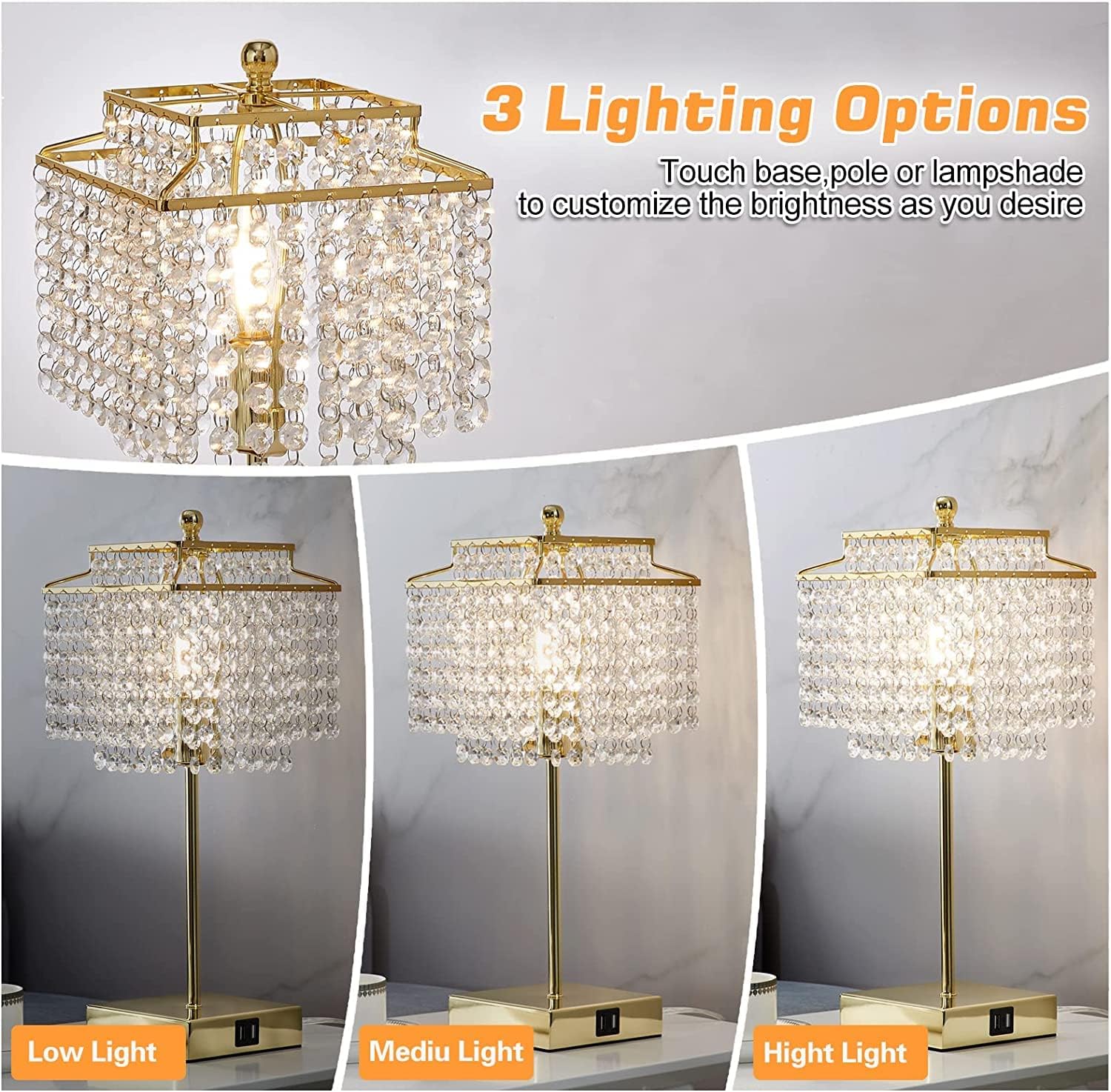 Crystal Touch Lamp – Gold, USB, 3-Way Dimmer