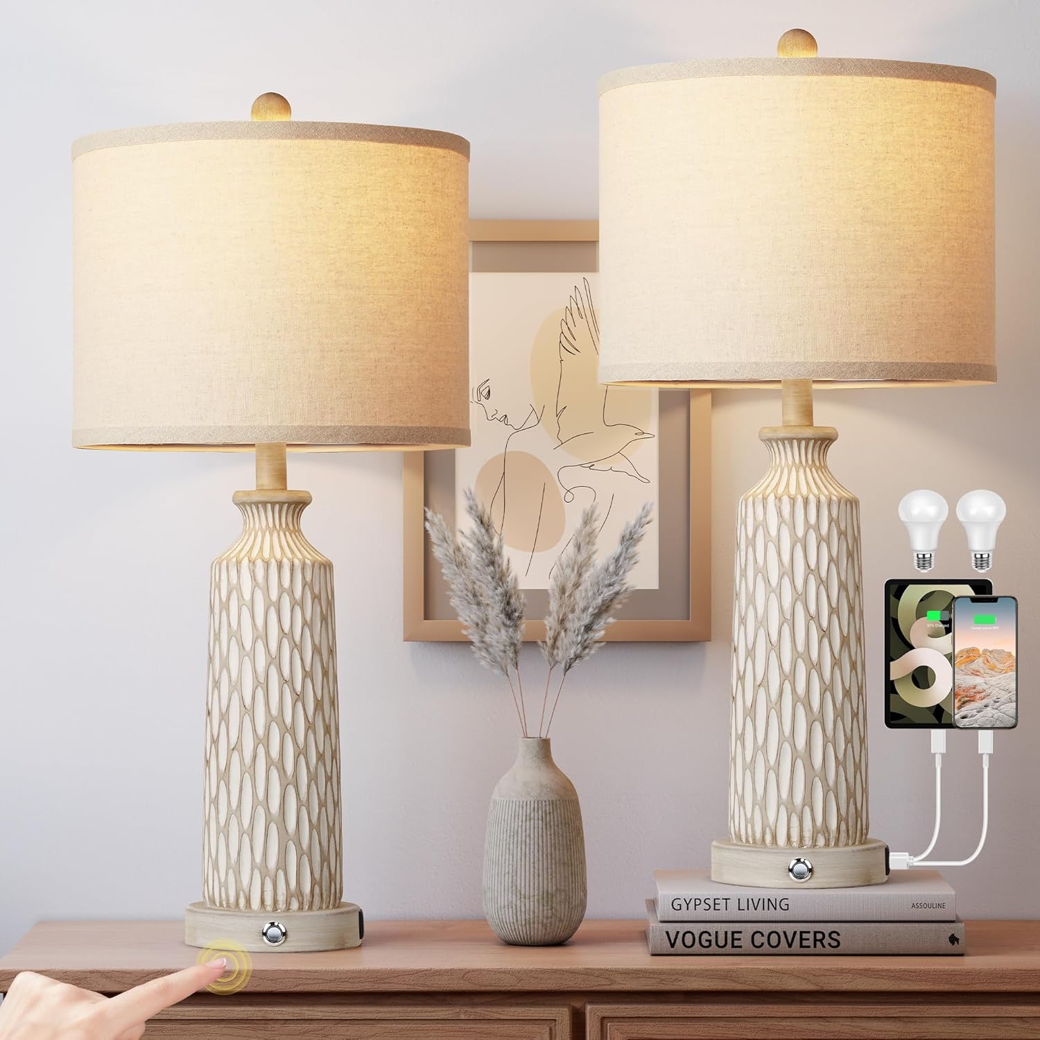 Touch Table Lamps – Set of 2, USB A+C, 3-Way Dim