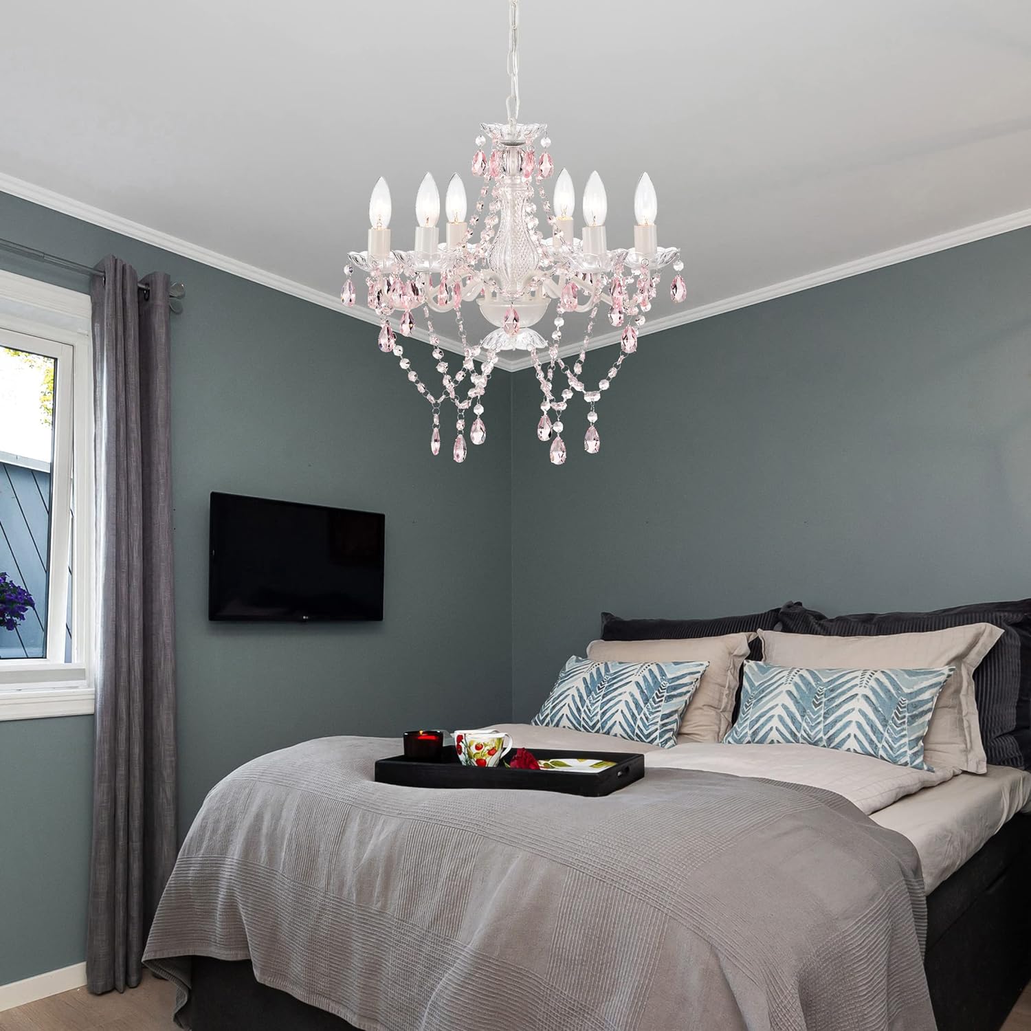 White & Pink Crystal Candle Chandelier – 6-Light