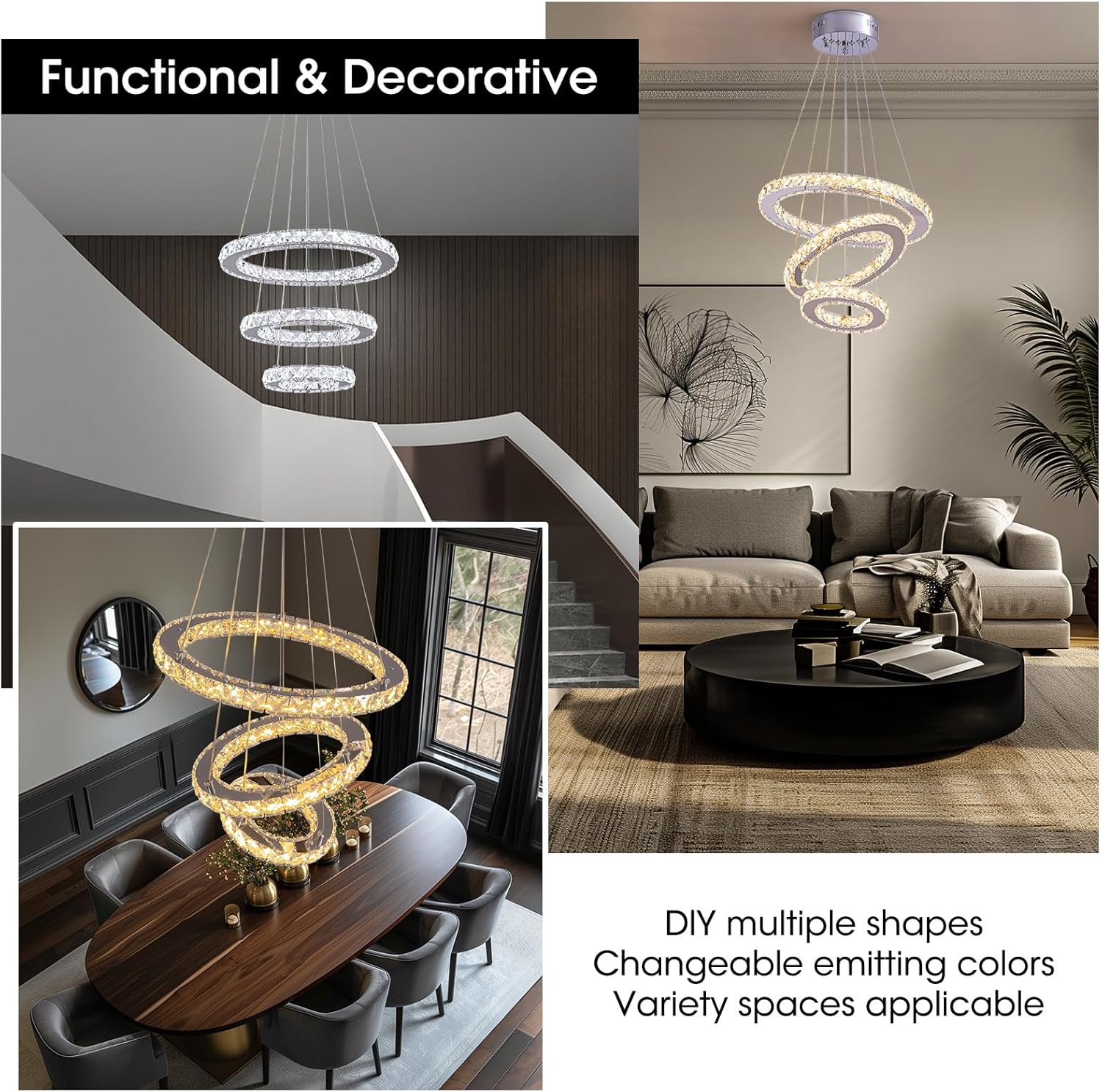 Modern Crystal LED Chandelier – 3-Ring Silver Pendant Light