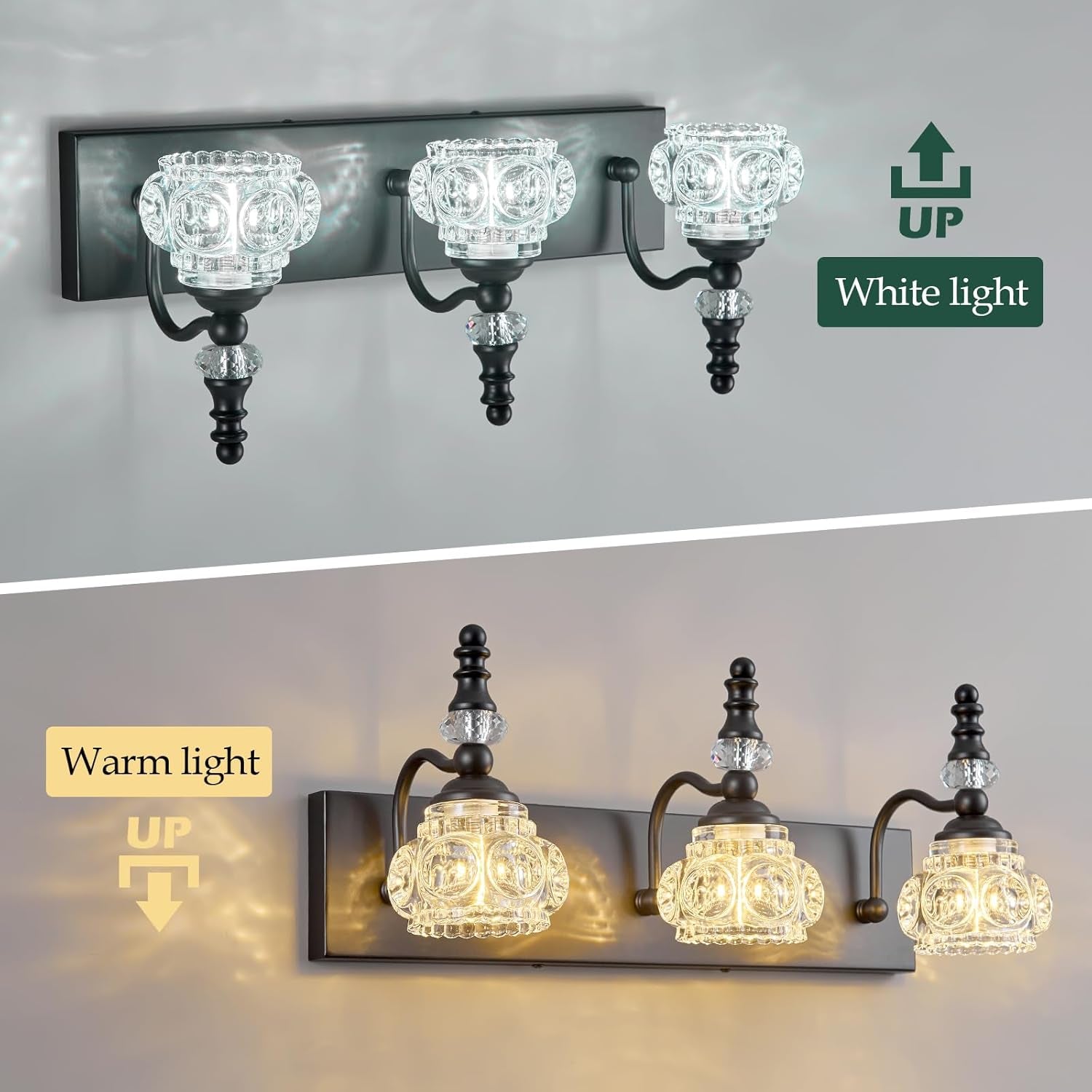 3-Light Black Crystal Bathroom Vanity Light