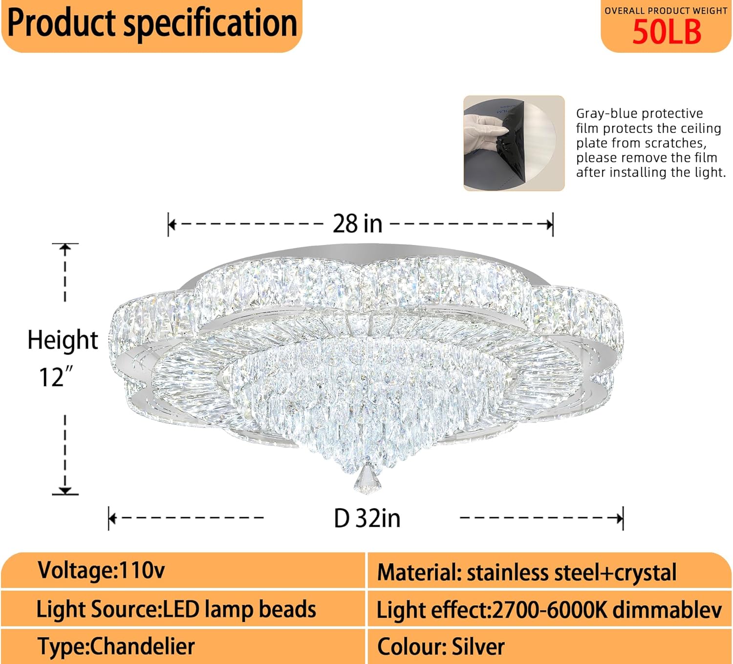 Modern Empire Crystal Chandelier 32" Chrome