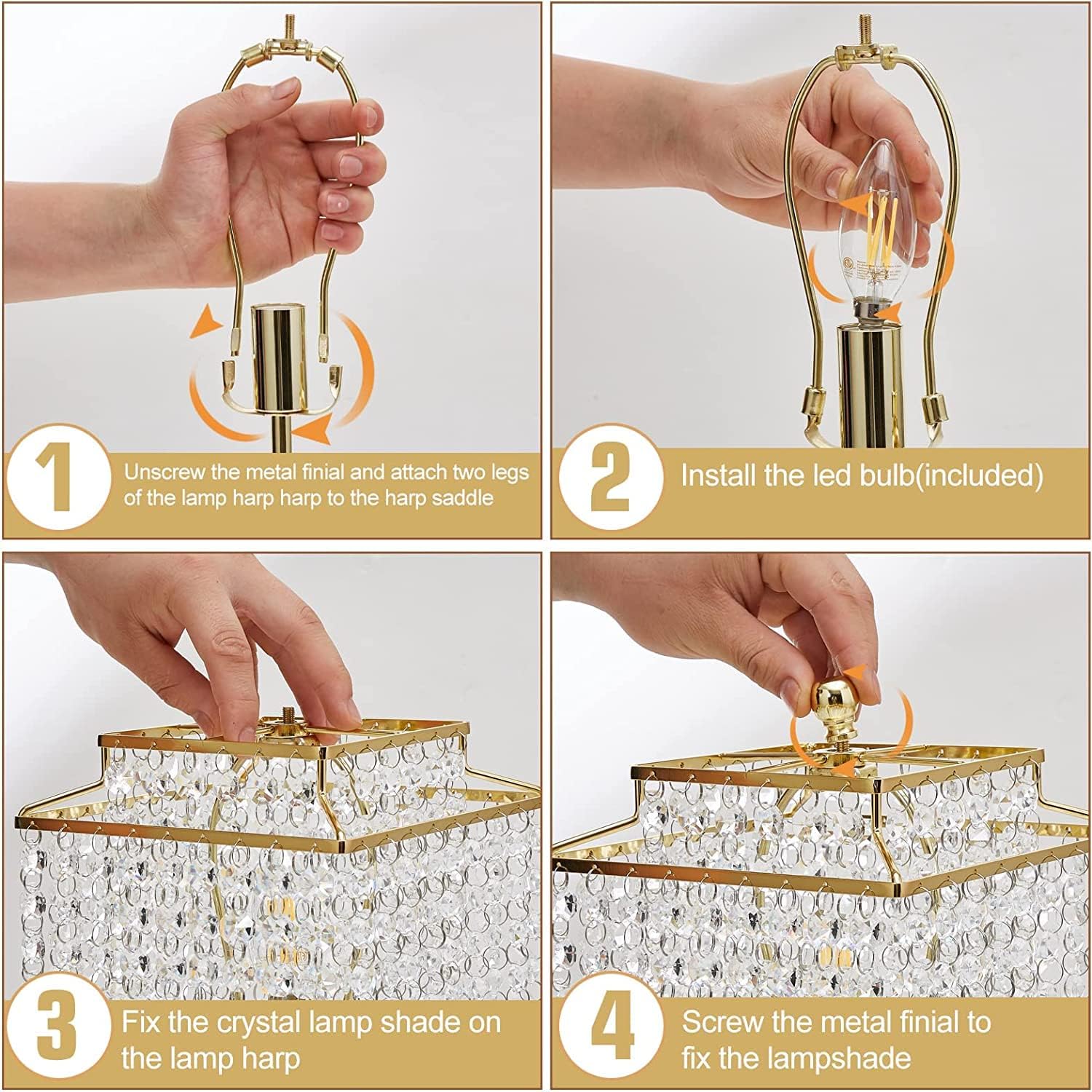 Crystal Touch Lamp – Gold, USB, 3-Way Dimmer