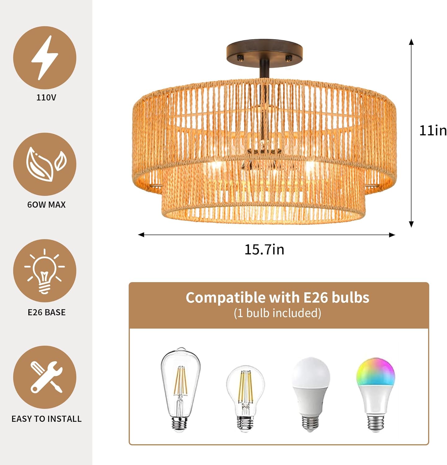 Boho Rattan Flush Mount Ceiling Light – 3 Lights