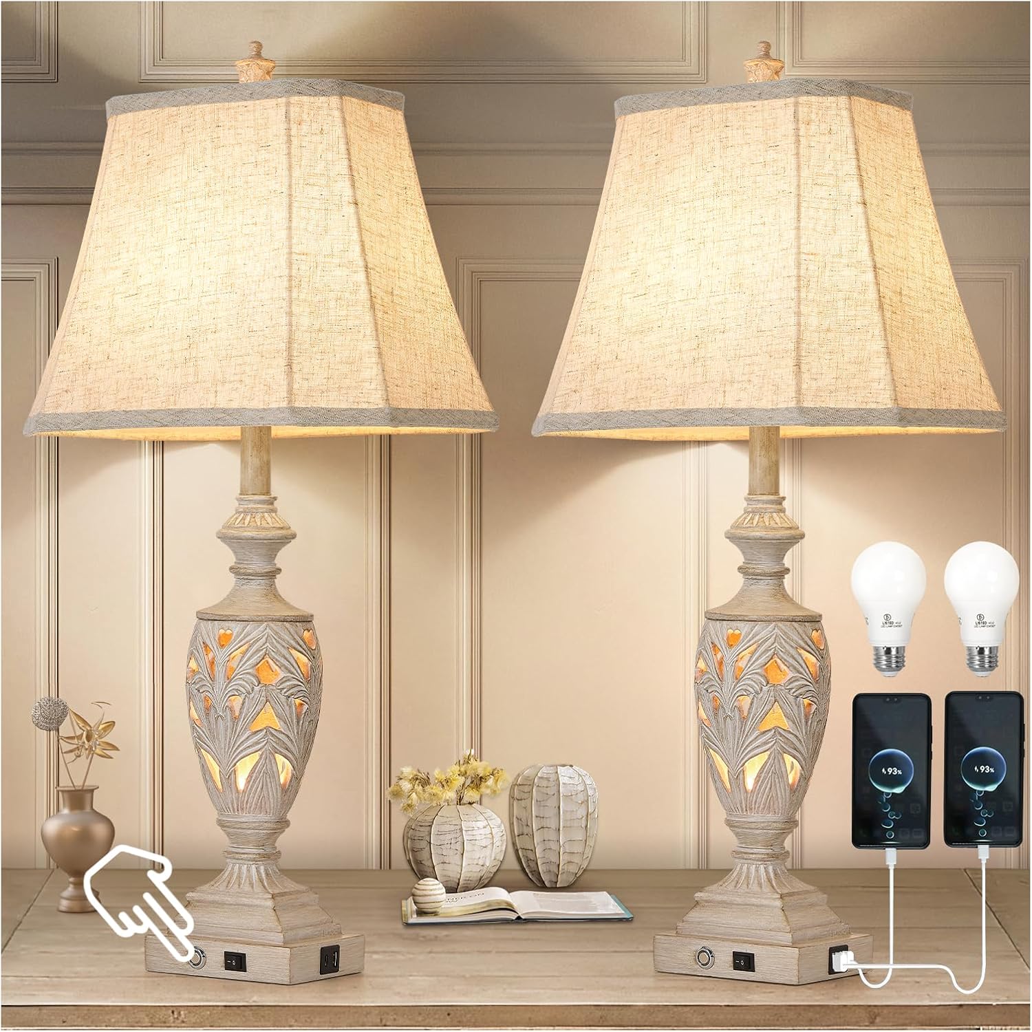 29.5" Touch Table Lamps Set – USB, 3-Way Dim