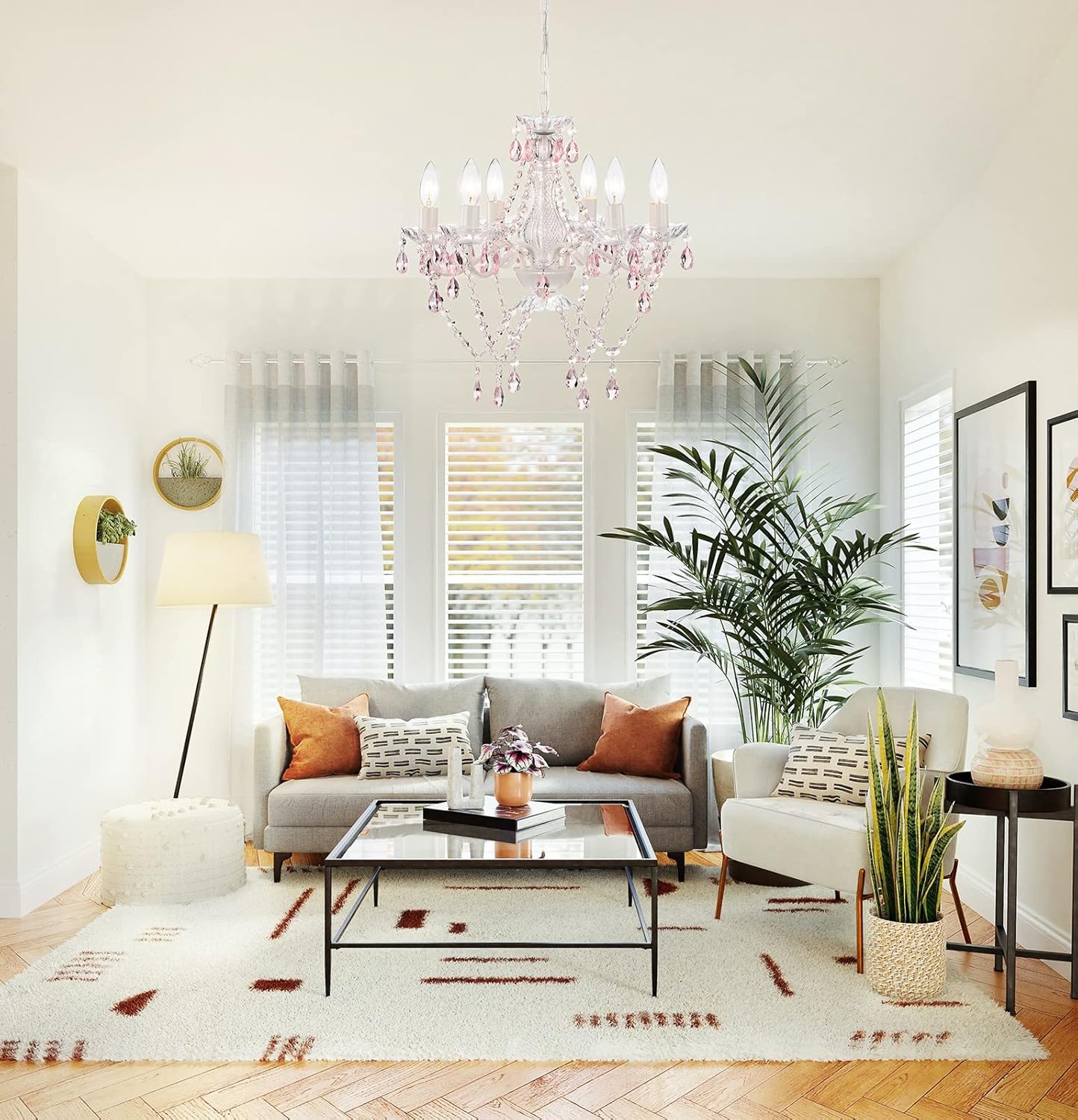 White & Pink Crystal Candle Chandelier – 6-Light