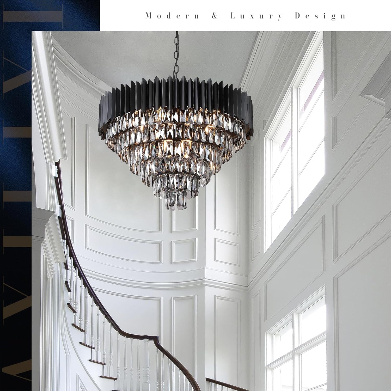30" Large Black 6-Tier Crystal Chandelier – 16-Light Pendant