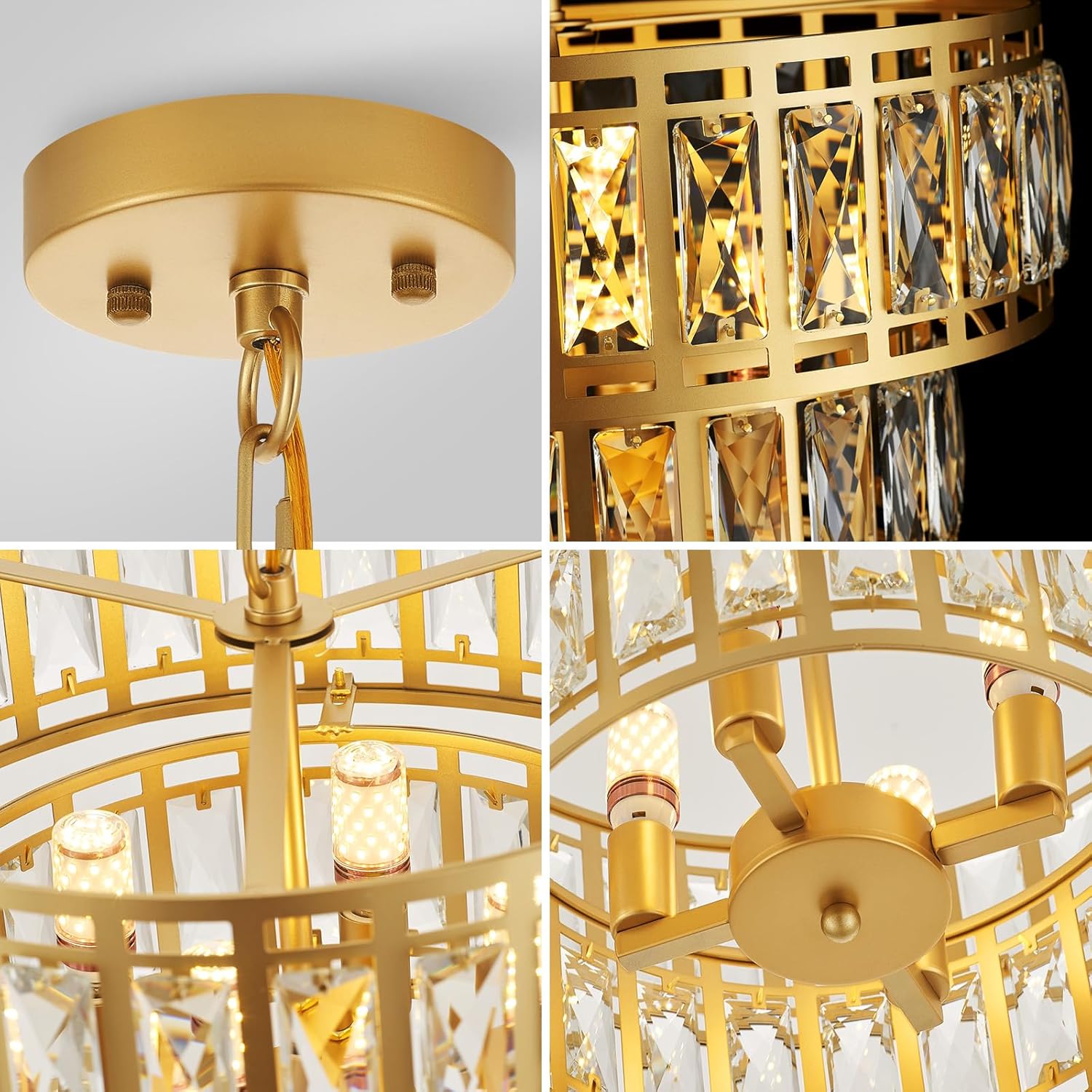 16" Gold Crystal Chandelier – 4-Light Modern 2-Tier Pendant