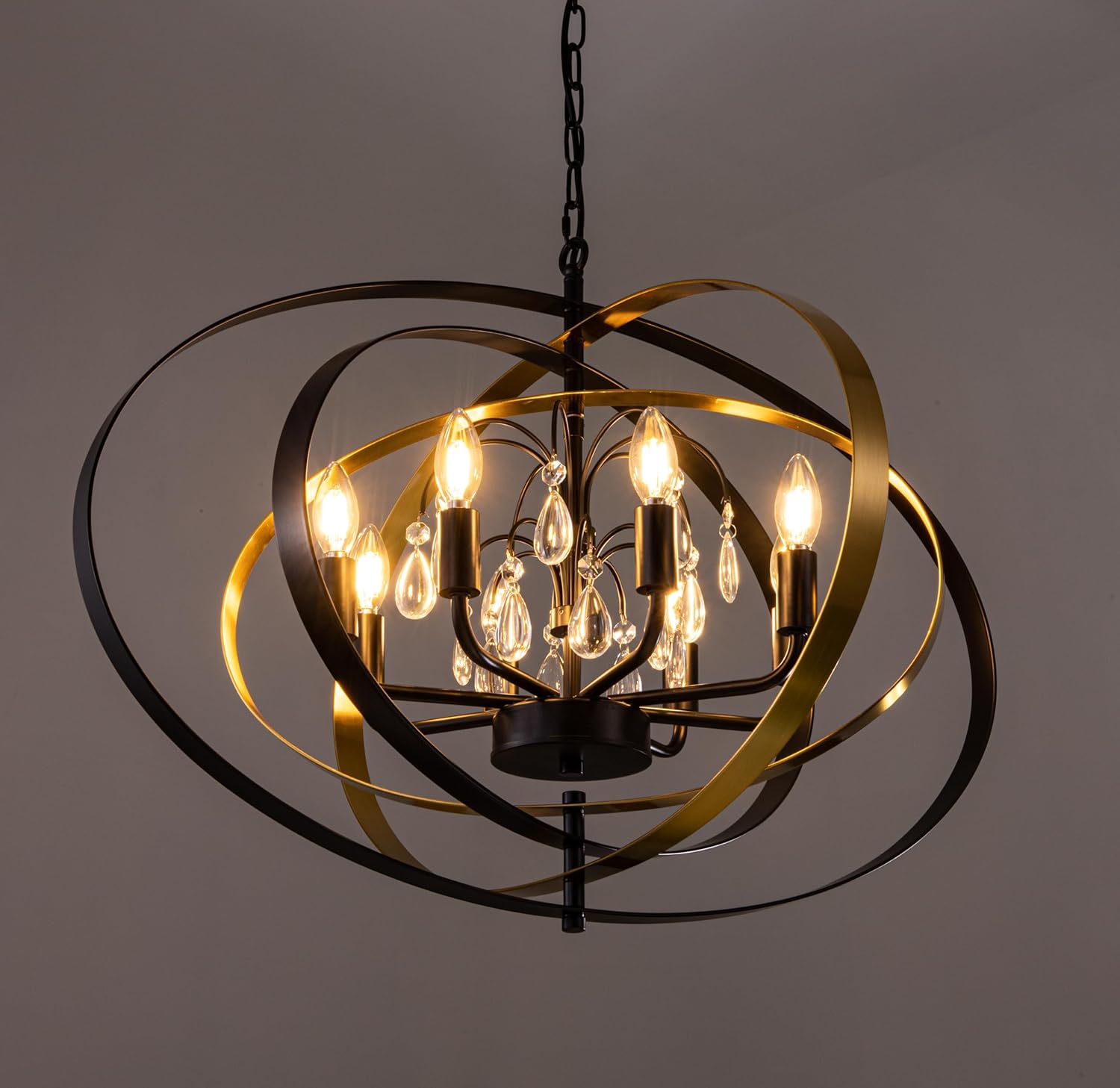 31" Black & Gold Ring Crystal Chandelier – 6-Light Pendant