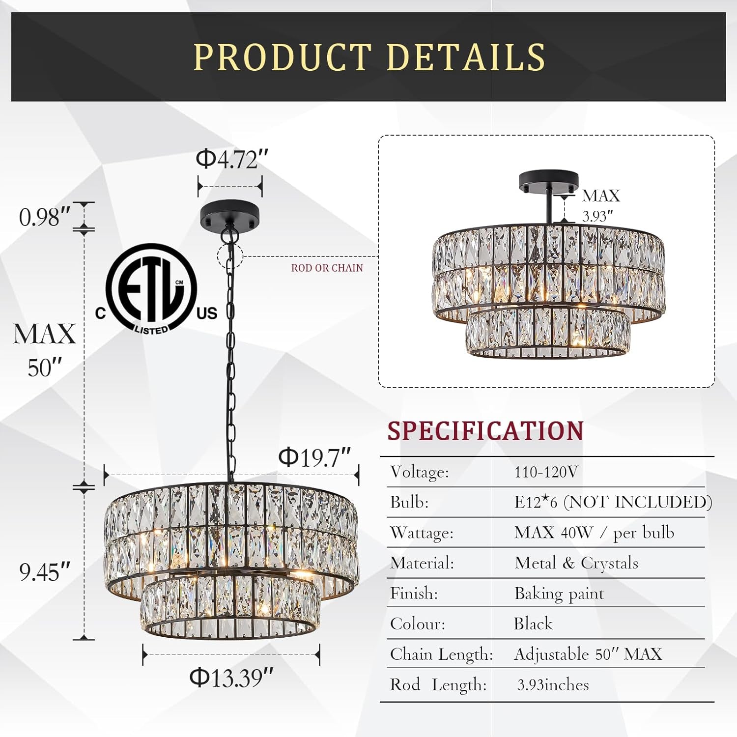 20" Black Crystal Drum Chandelier – 6-Light Semi Flush Mount