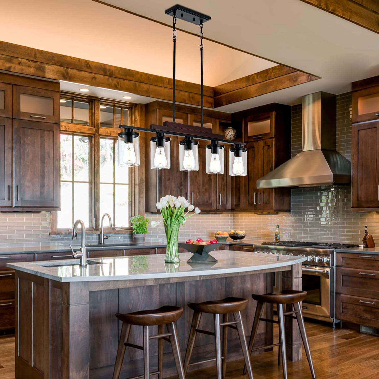5-Light Farmhouse Linear Chandelier – Black Wood