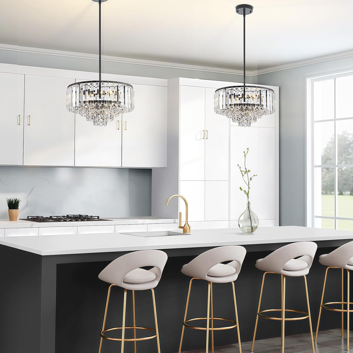 3-Light Modern Black K9 Crystal Chandelier – 5-Tier Round Pendant