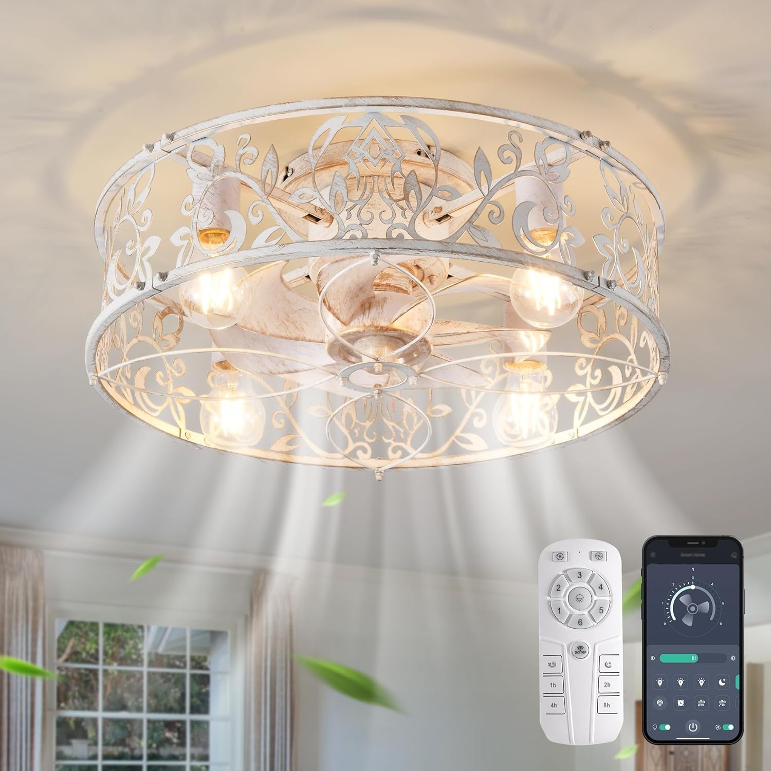 20" Caged Ceiling Fan with Light – White Gold Finish