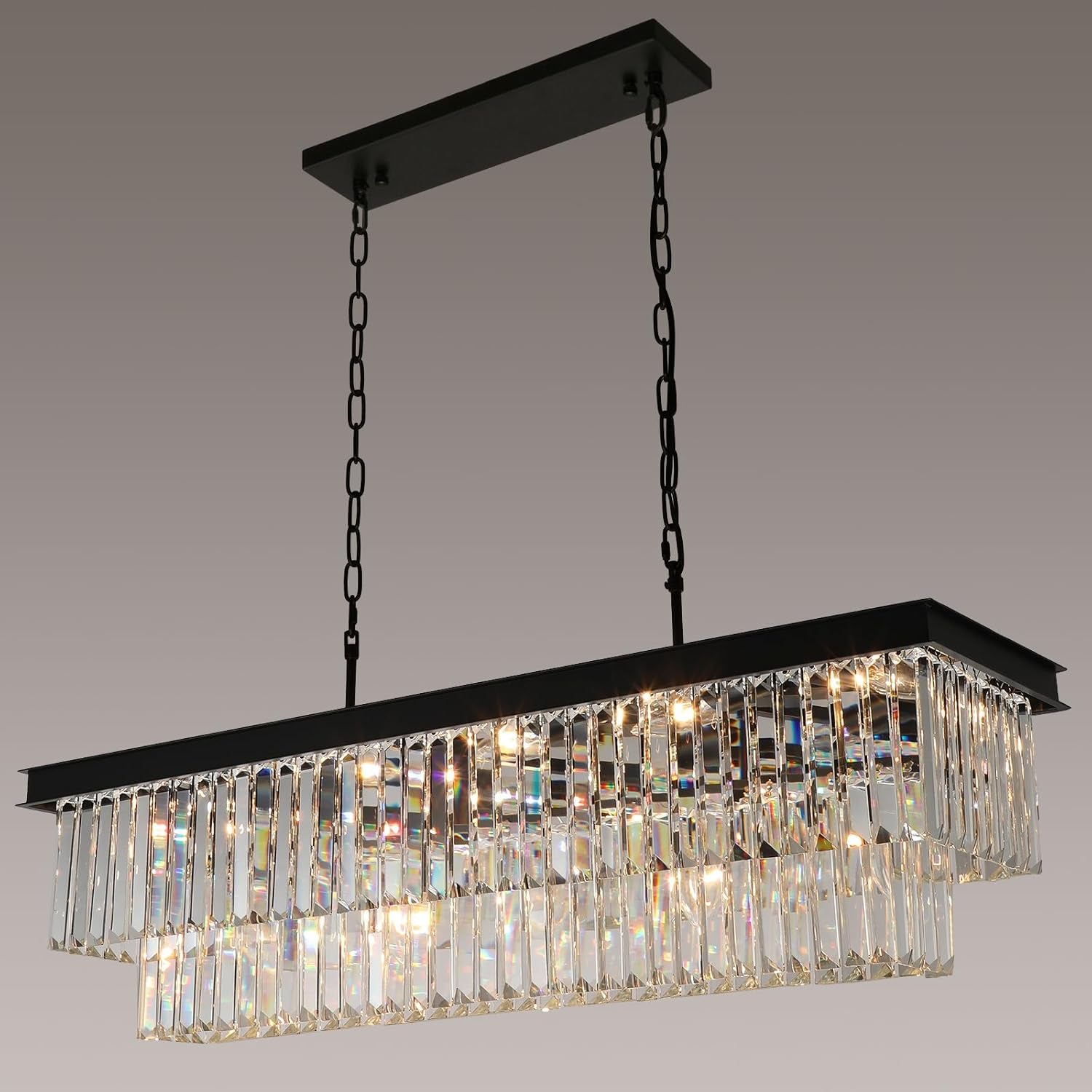 11-Light Black Crystal Rectangle Pendant Chandelier