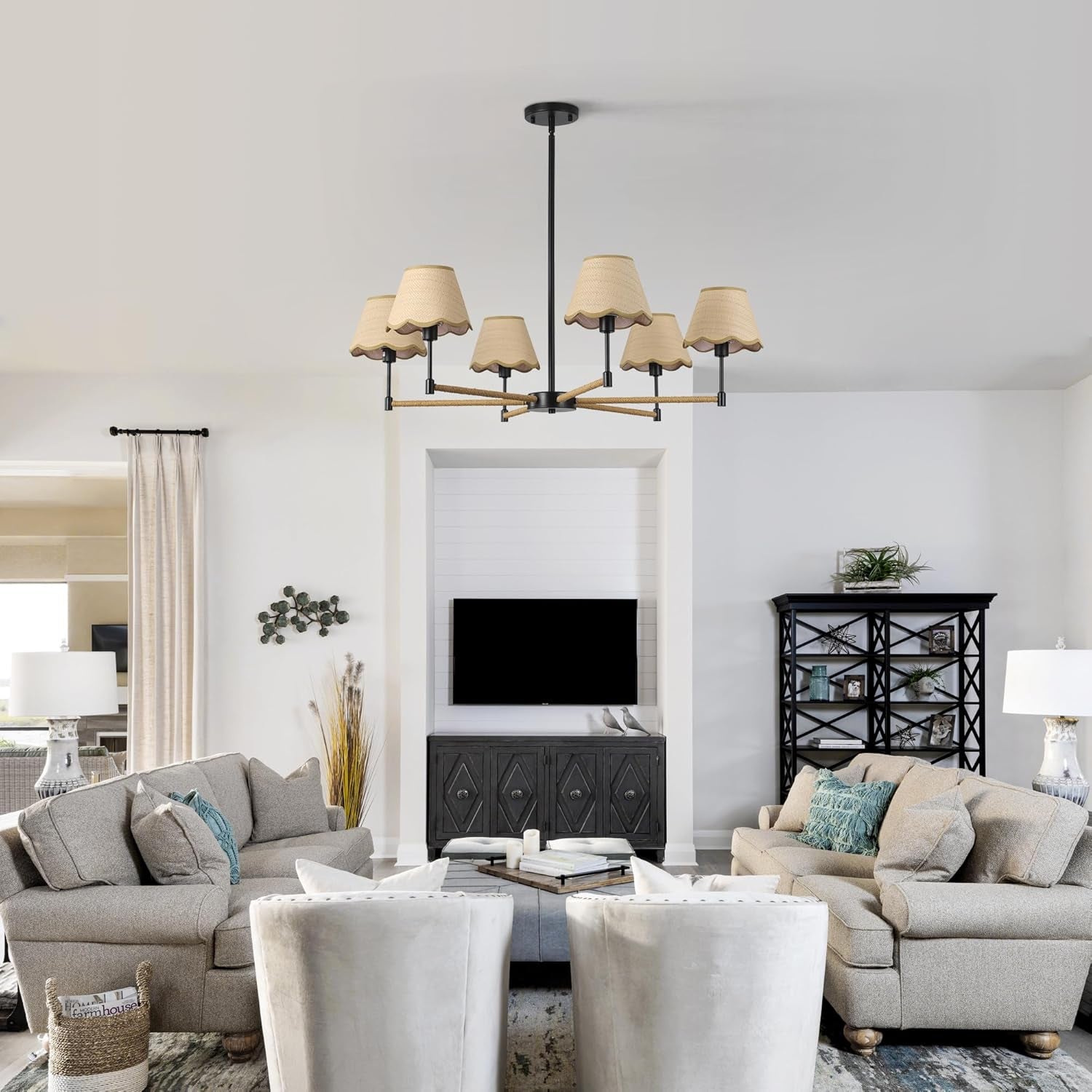 6-Light Boho Rattan Chandelier – Black Pendant