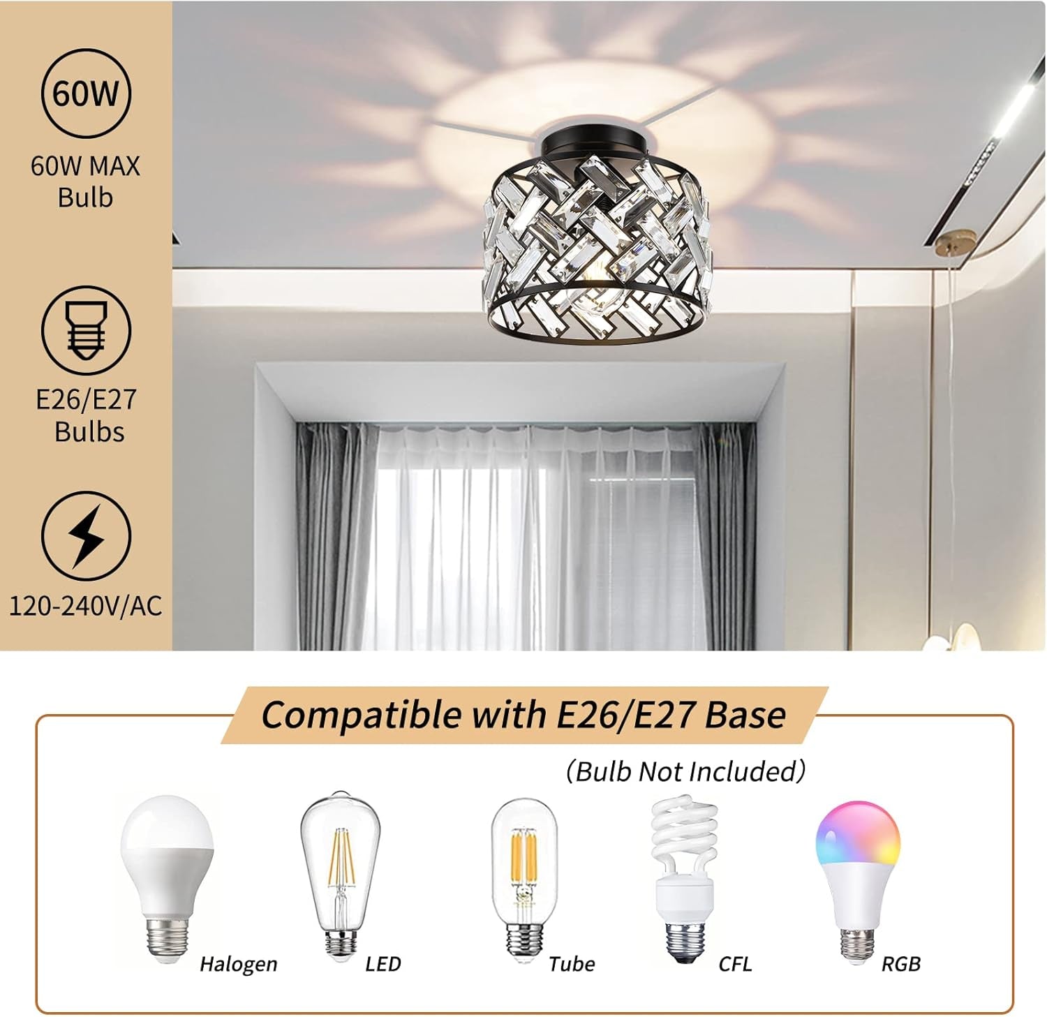 Black Crystal Flush Mount Ceiling Light Fixture