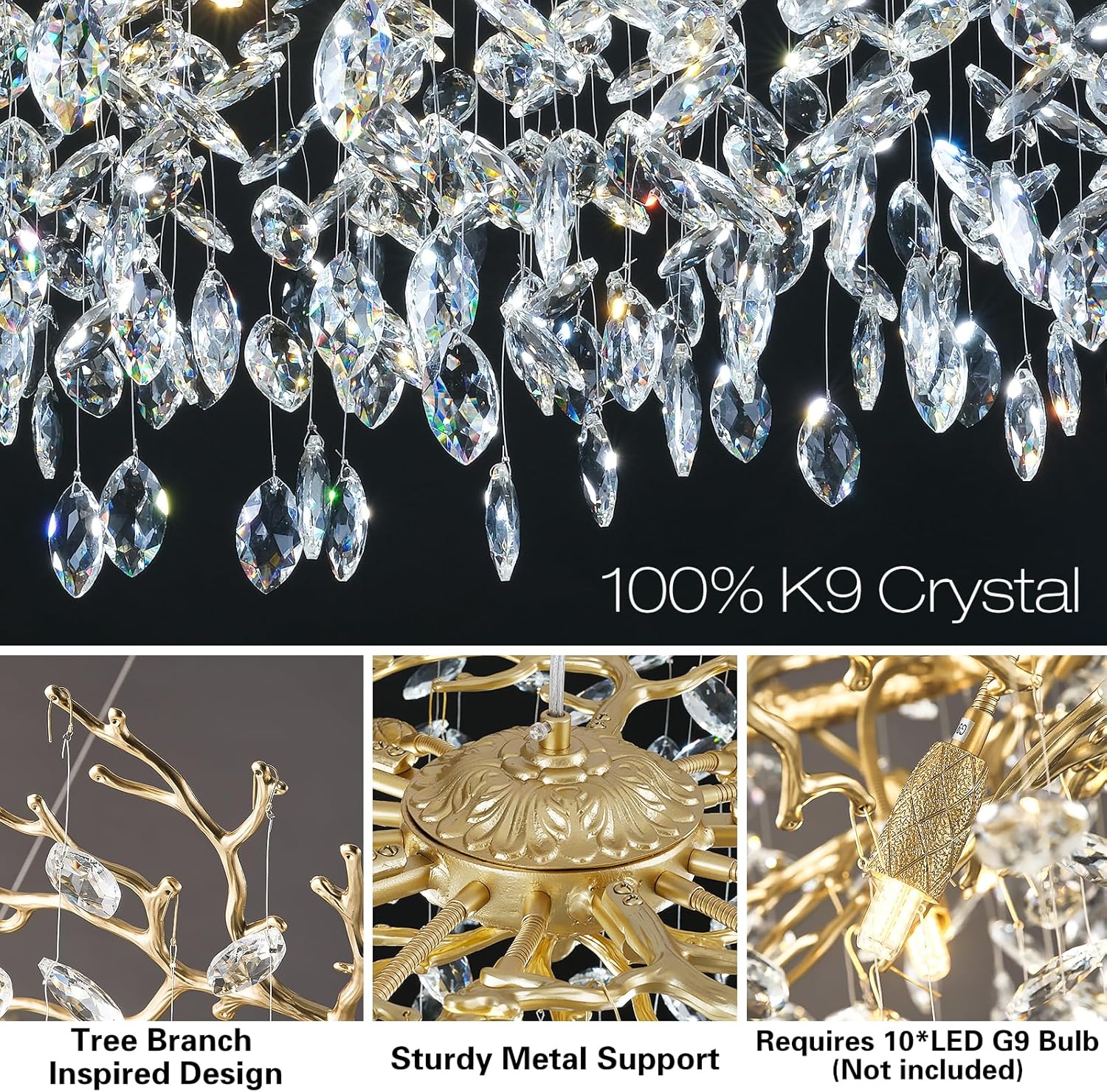 Modern Crystal Chandelier – 30" Gold K9 Crystal Tree Branches, 10-Light