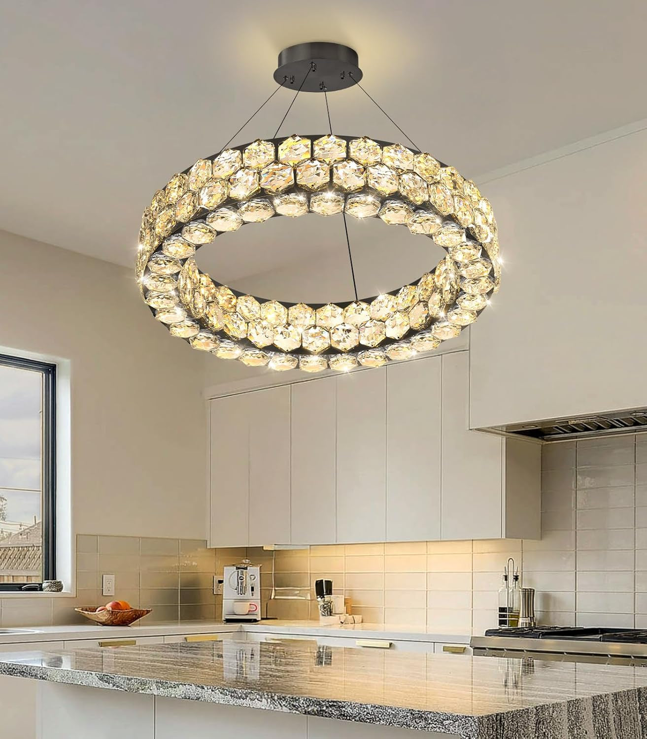 Modern 2-Ring Gold Crystal LED Chandelier