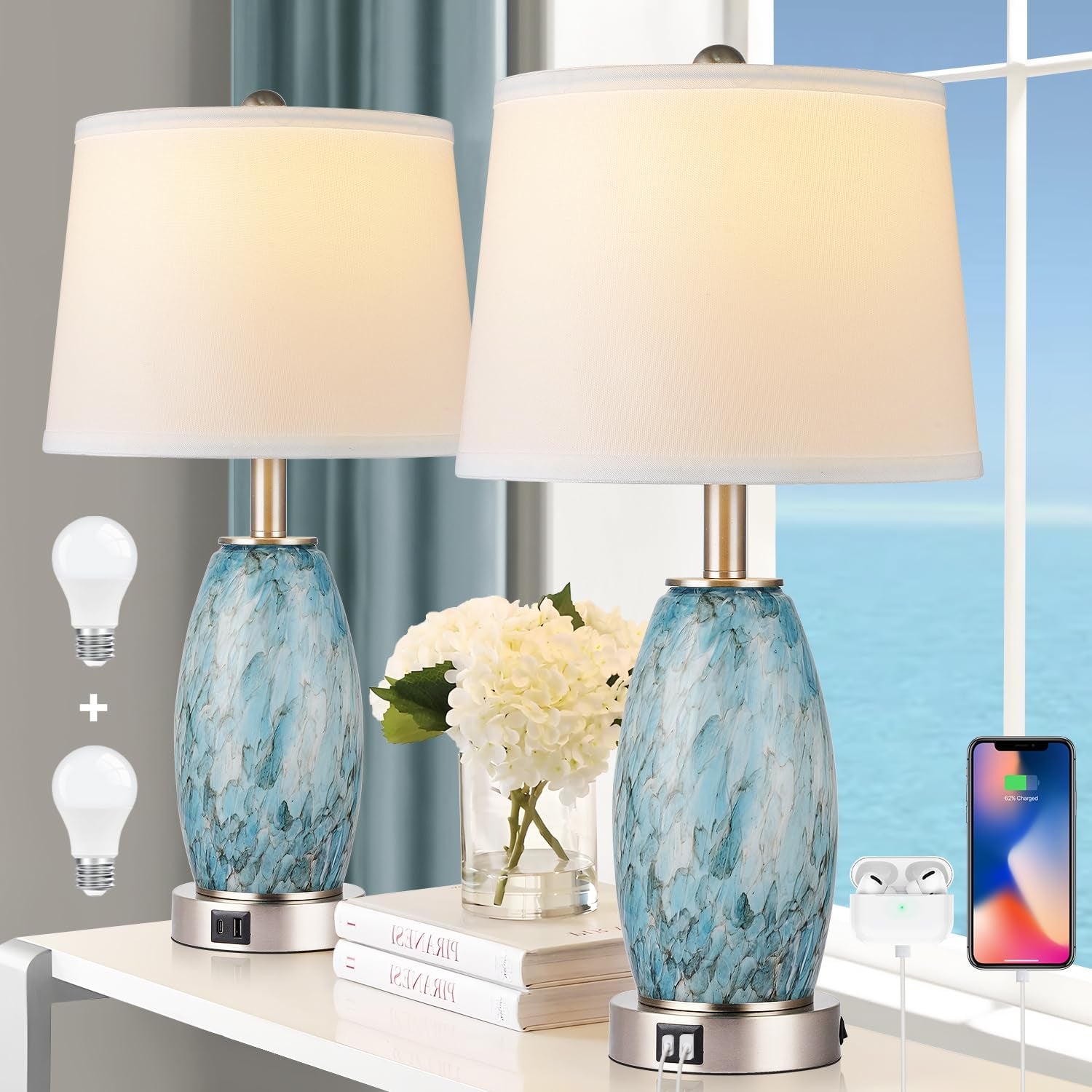 Coastal Glass Table Lamp Set of 2 – USB Ports
