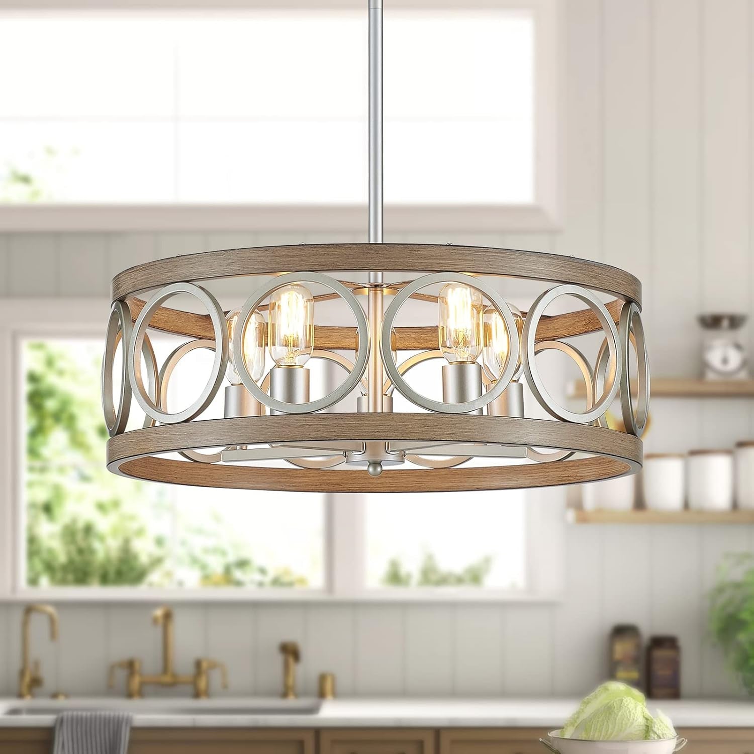 Rustic Nickel Drum Chandelier 5-Light
