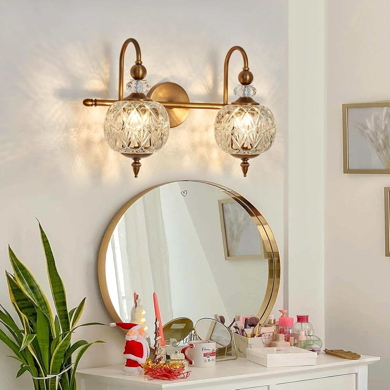 2-Light Gold Vintage Glass Globe Bathroom Vanity Light