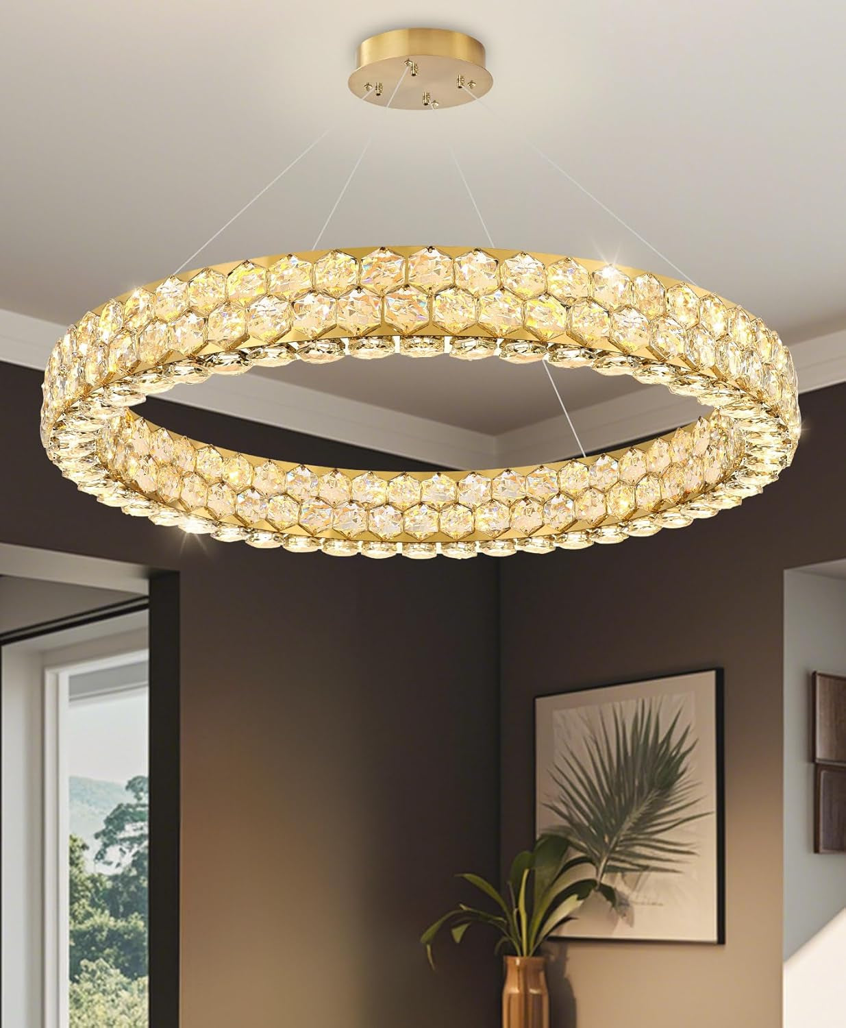 Modern 2-Ring Gold Crystal LED Chandelier
