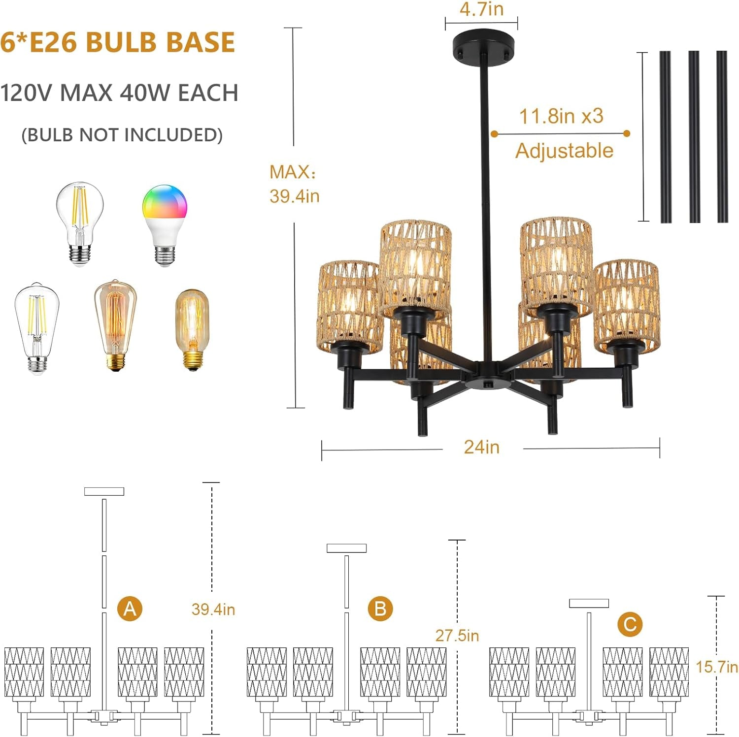 Rattan Farmhouse Chandelier – Black Boho Pendant