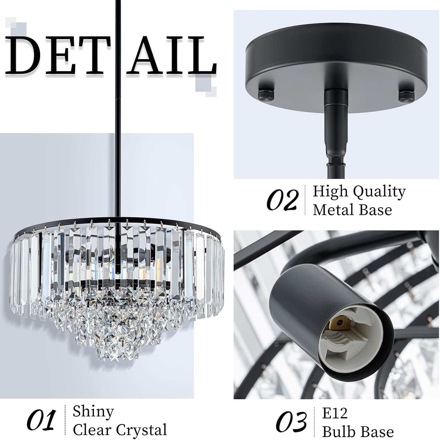 3-Light Modern Black K9 Crystal Chandelier – 5-Tier Round Pendant