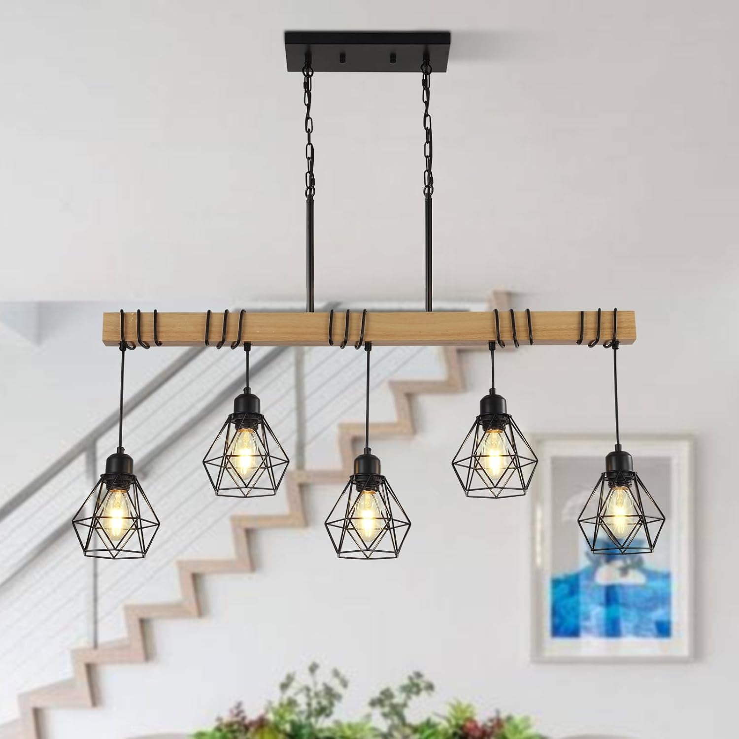 5-Light Farmhouse Chandelier – Wood & Black Frame