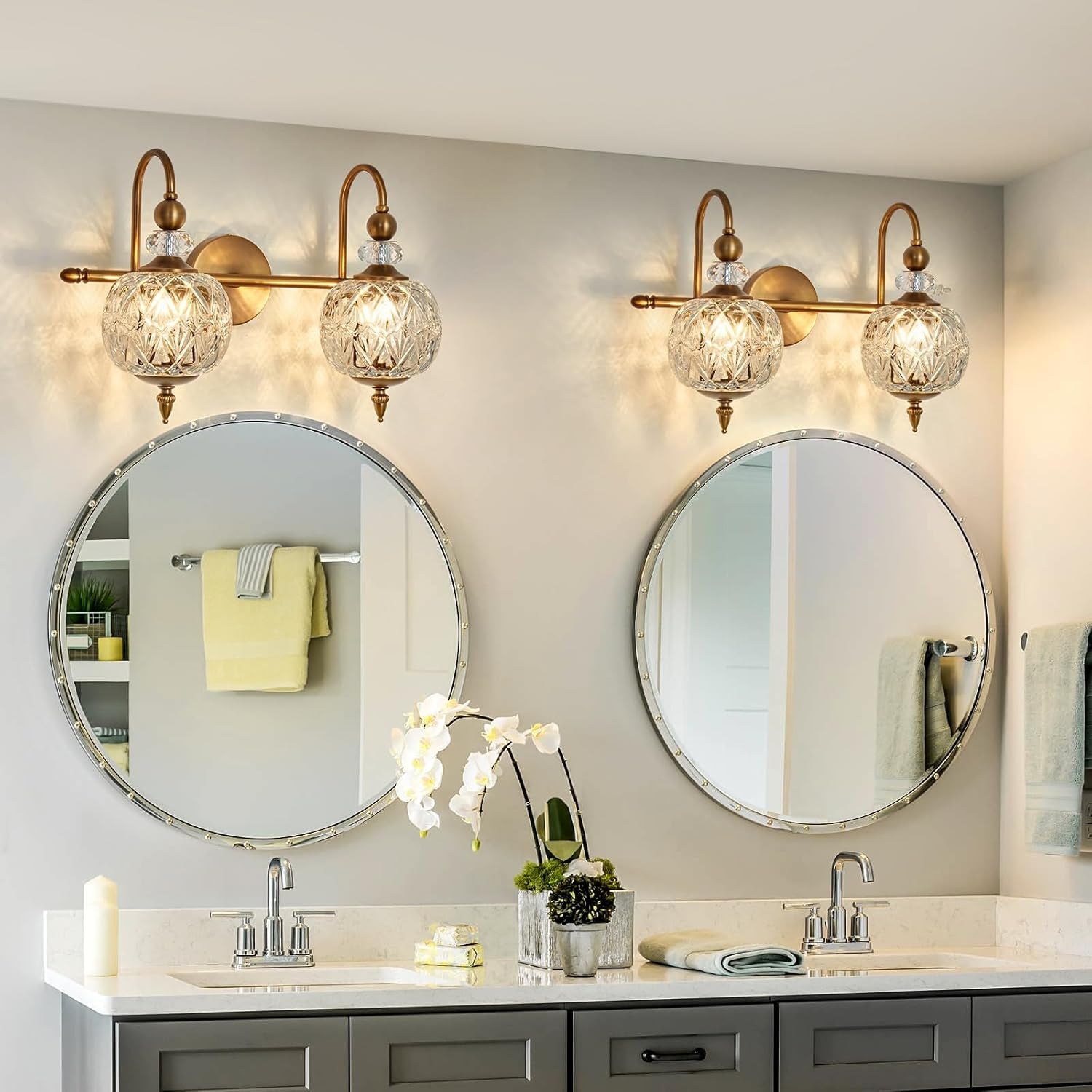 2-Light Gold Vintage Glass Globe Bathroom Vanity Light