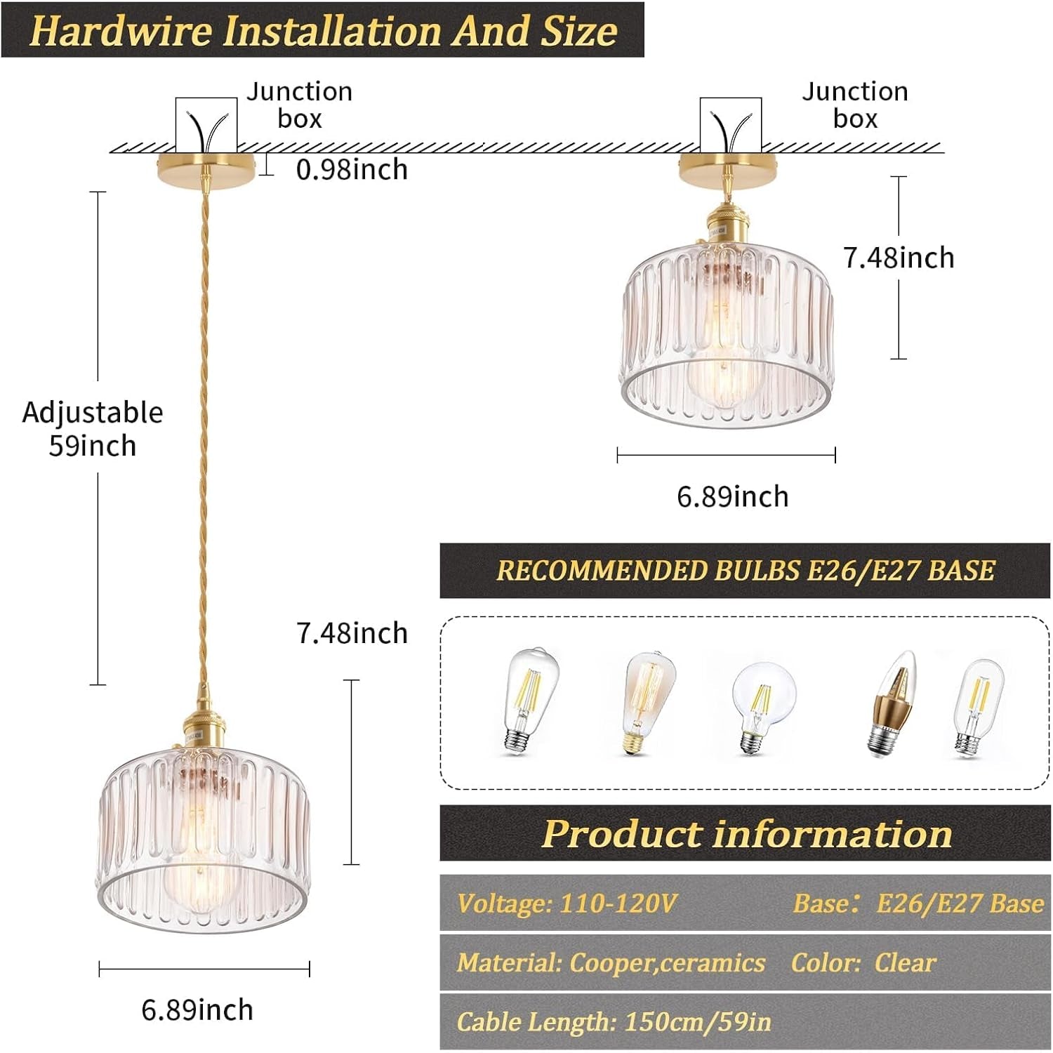 2-Pack Vintage Pendant Lights – Brass Finish with Clear Striped Glass