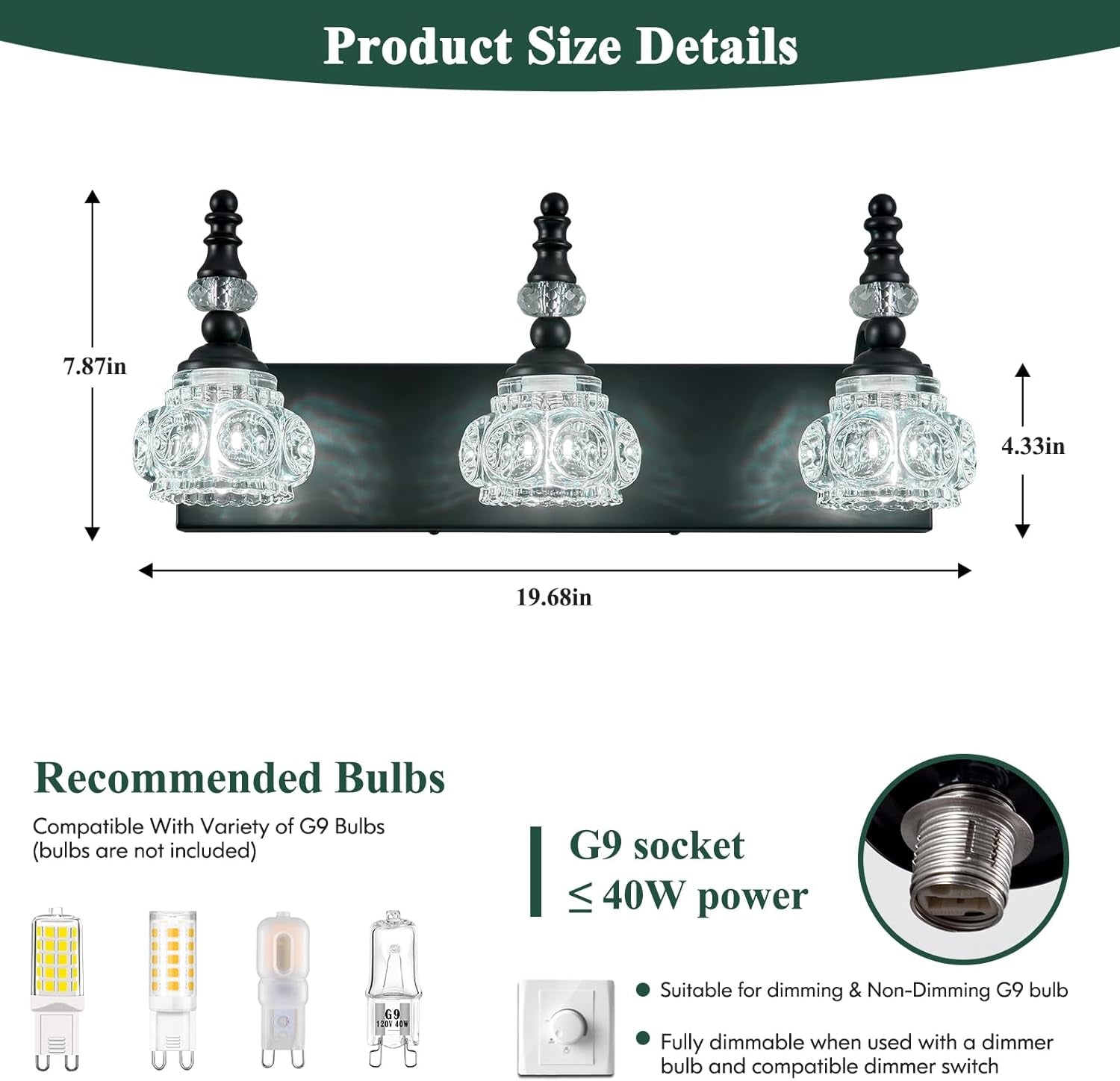 3-Light Black Crystal Bathroom Vanity Light