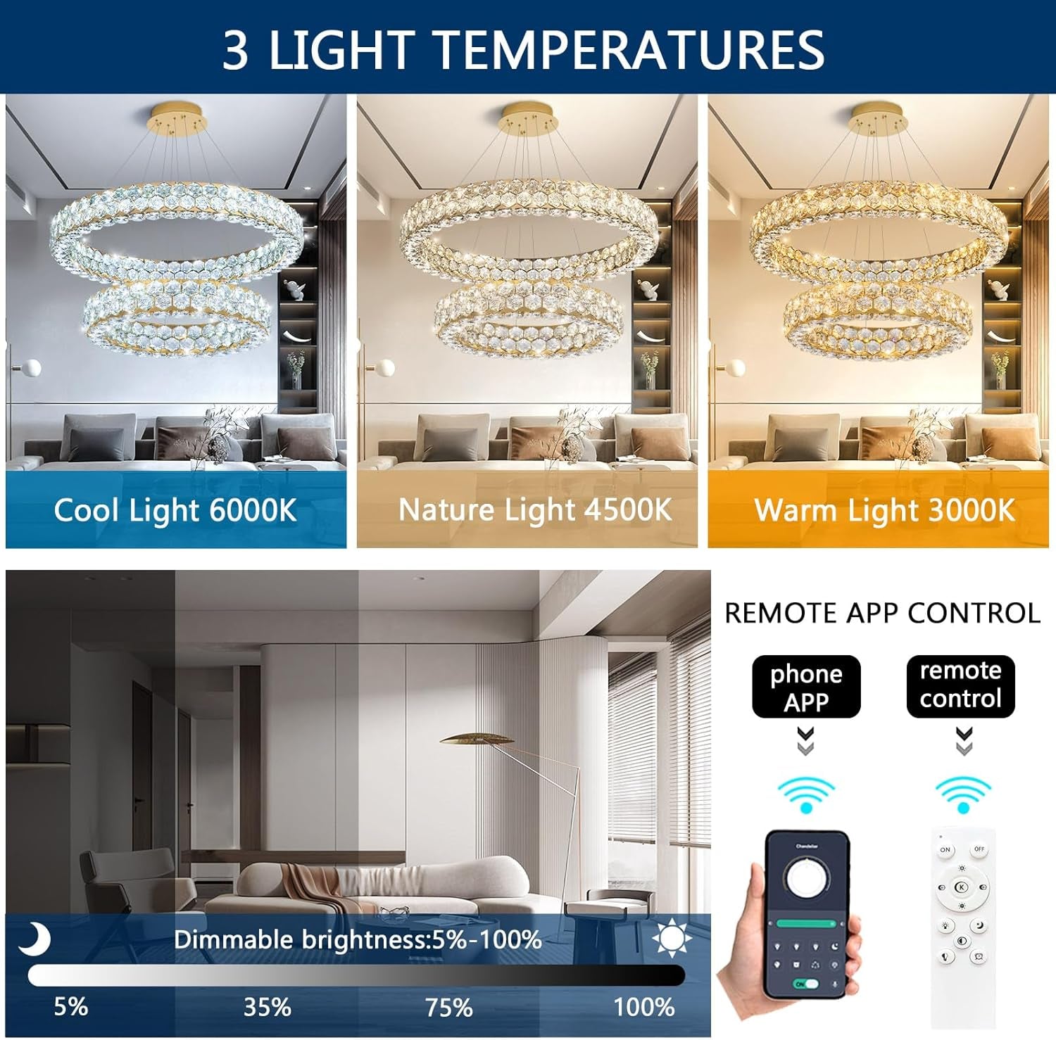 Modern 2-Ring Gold Crystal LED Chandelier