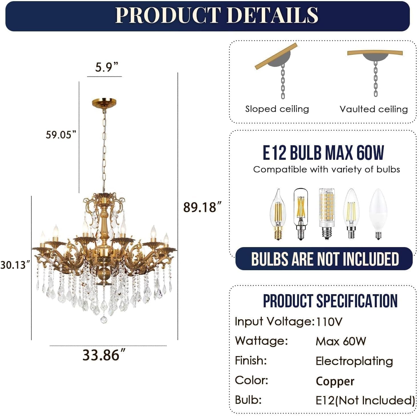 Vintage 12-Light Crystal Candle Chandelier 34"